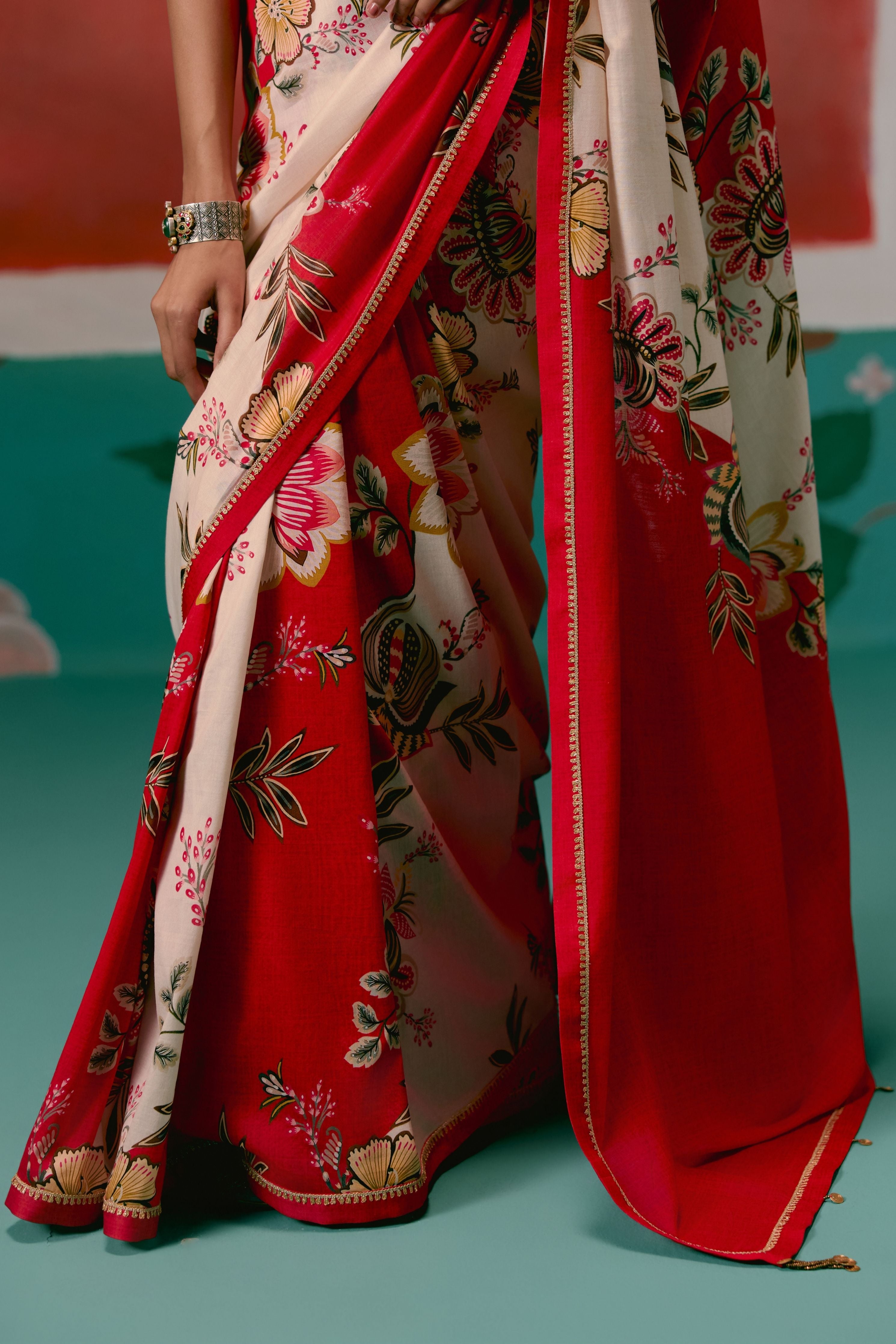 Ecru And Red Floral Saree