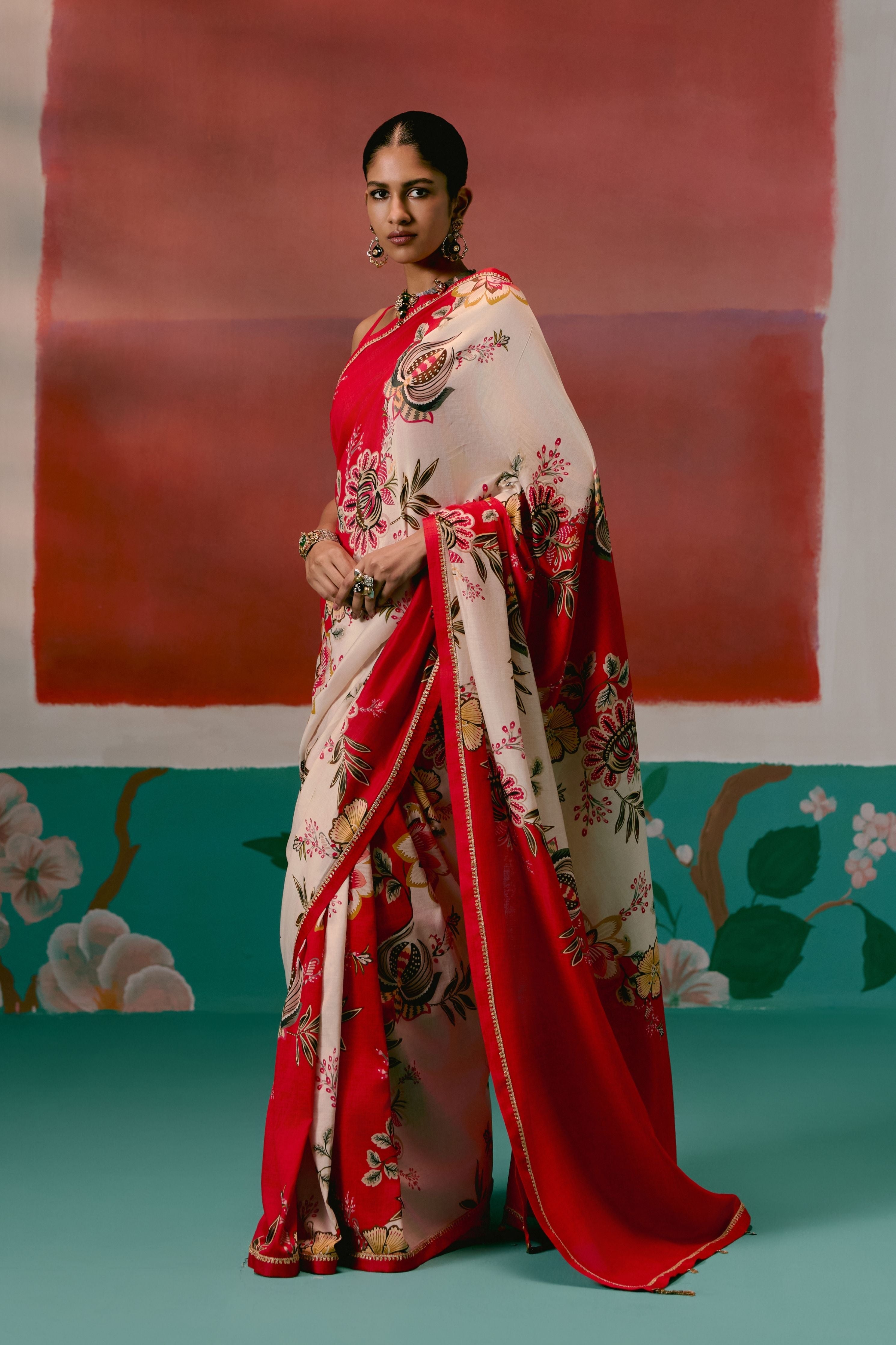 Ecru And Red Floral Saree