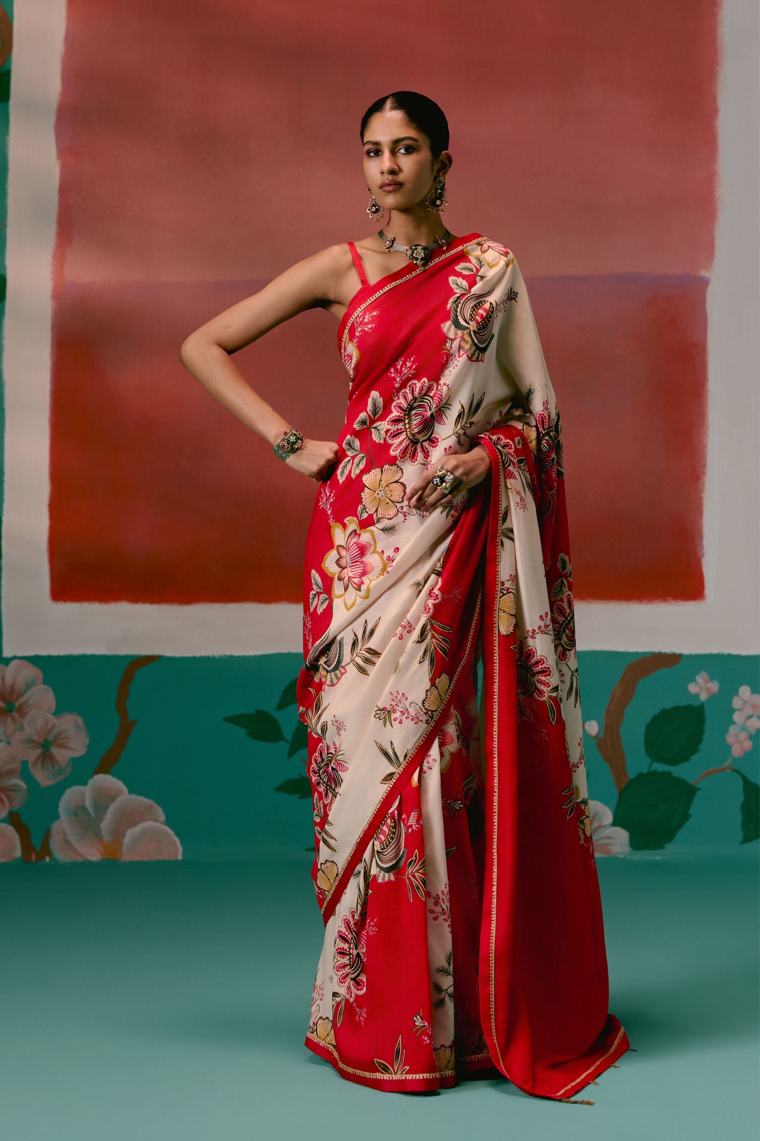 Ecru And Red Floral Saree