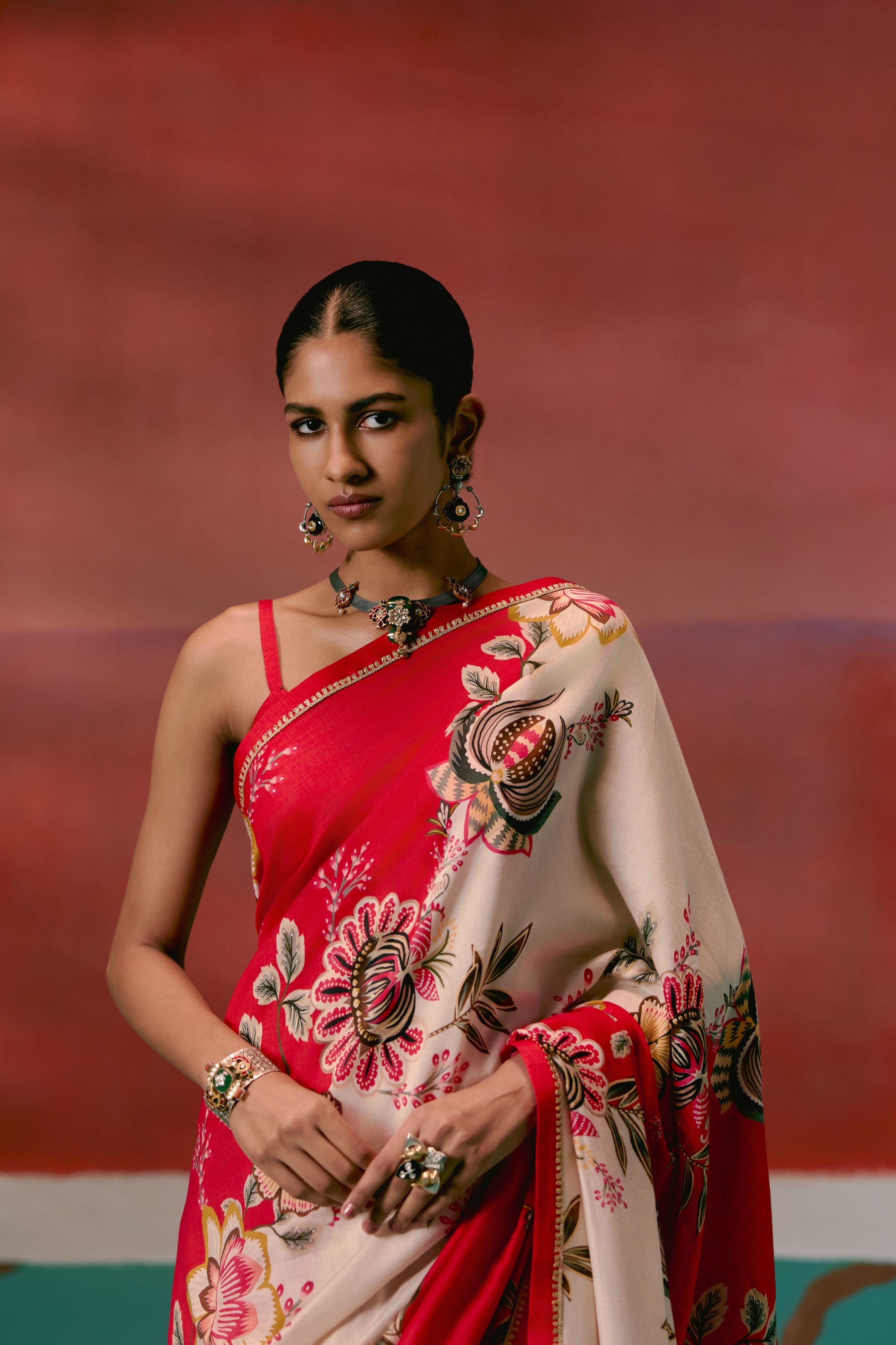 Ecru And Red Floral Saree