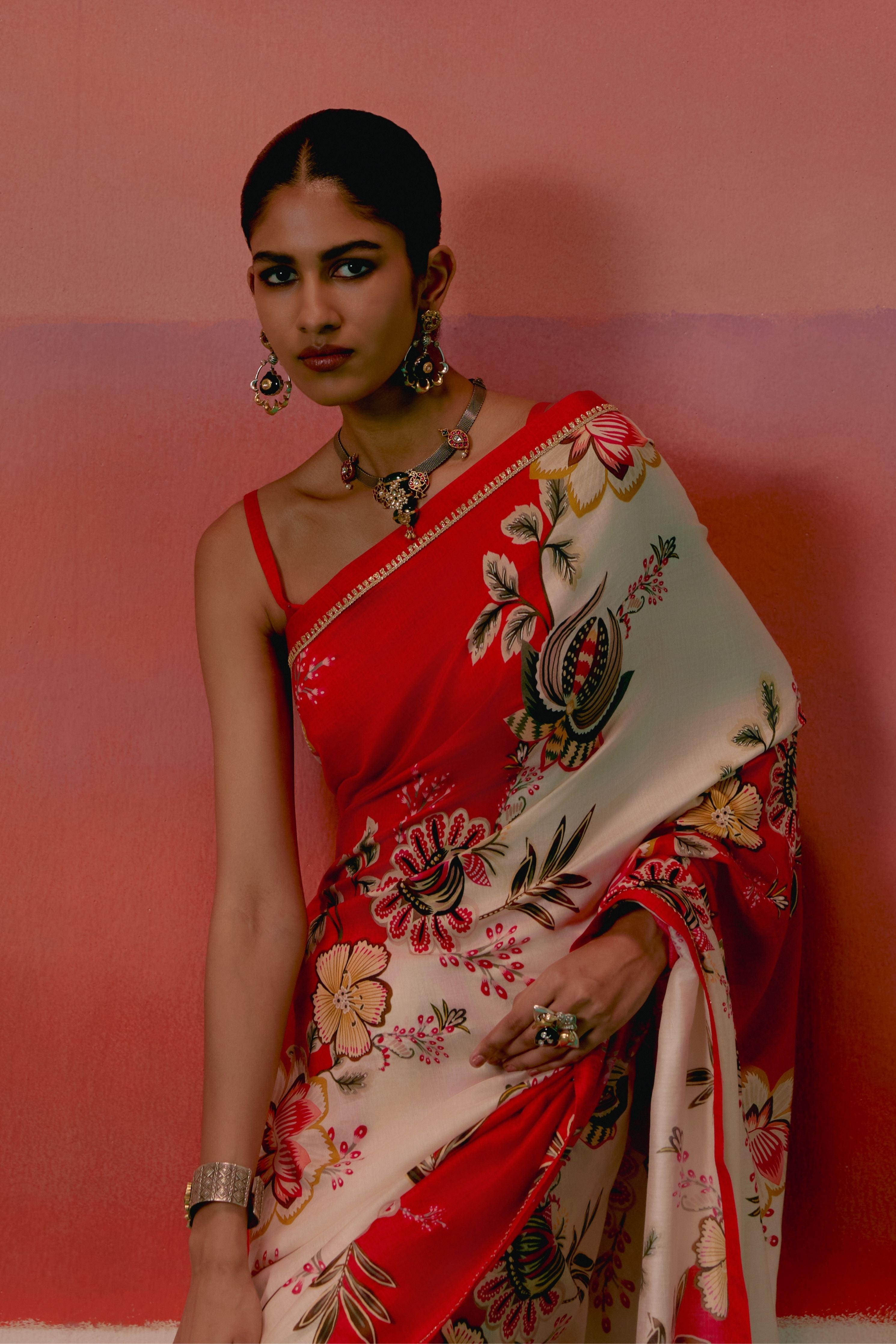 Ecru And Red Floral Saree