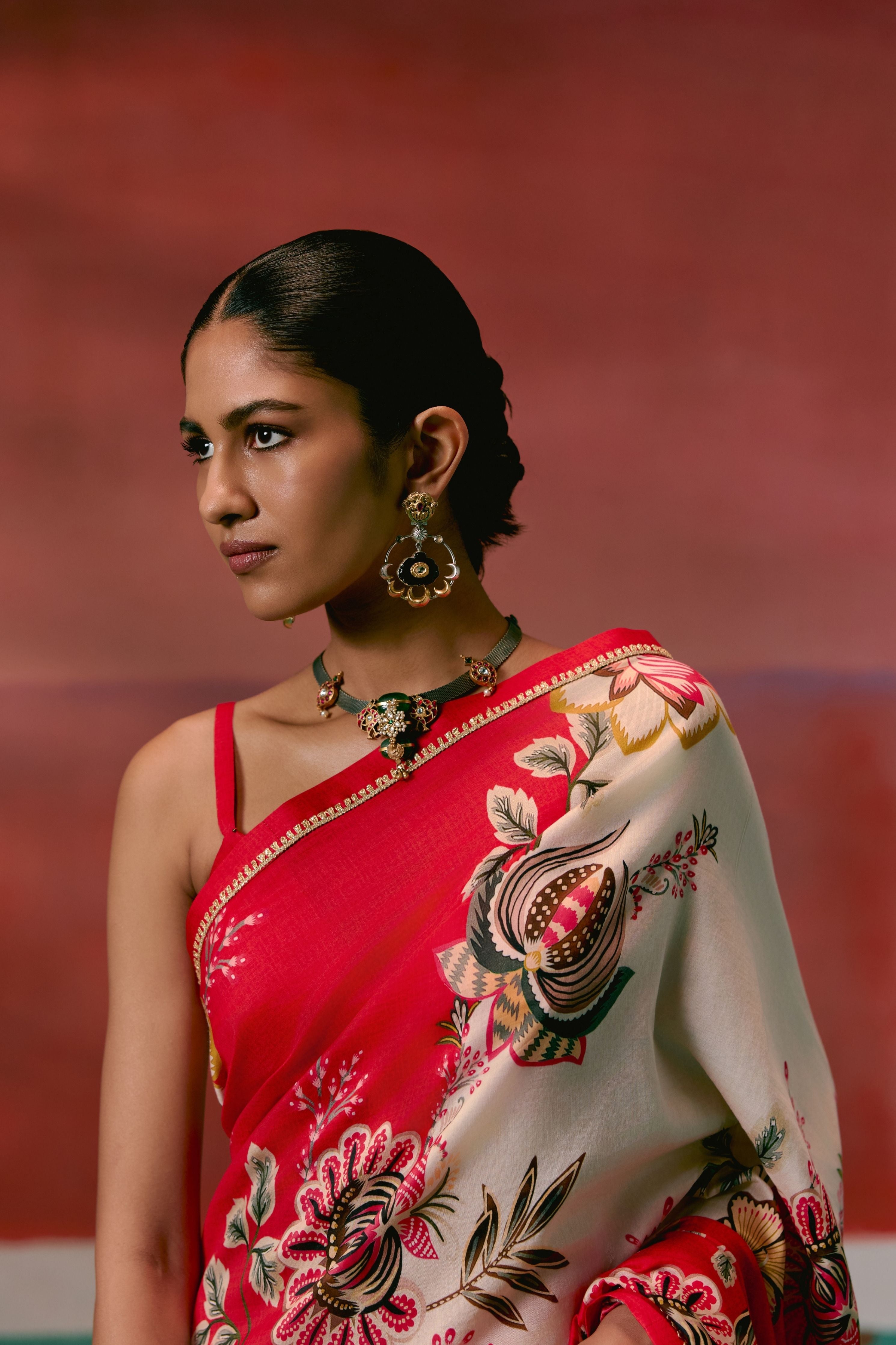 Ecru And Red Floral Saree