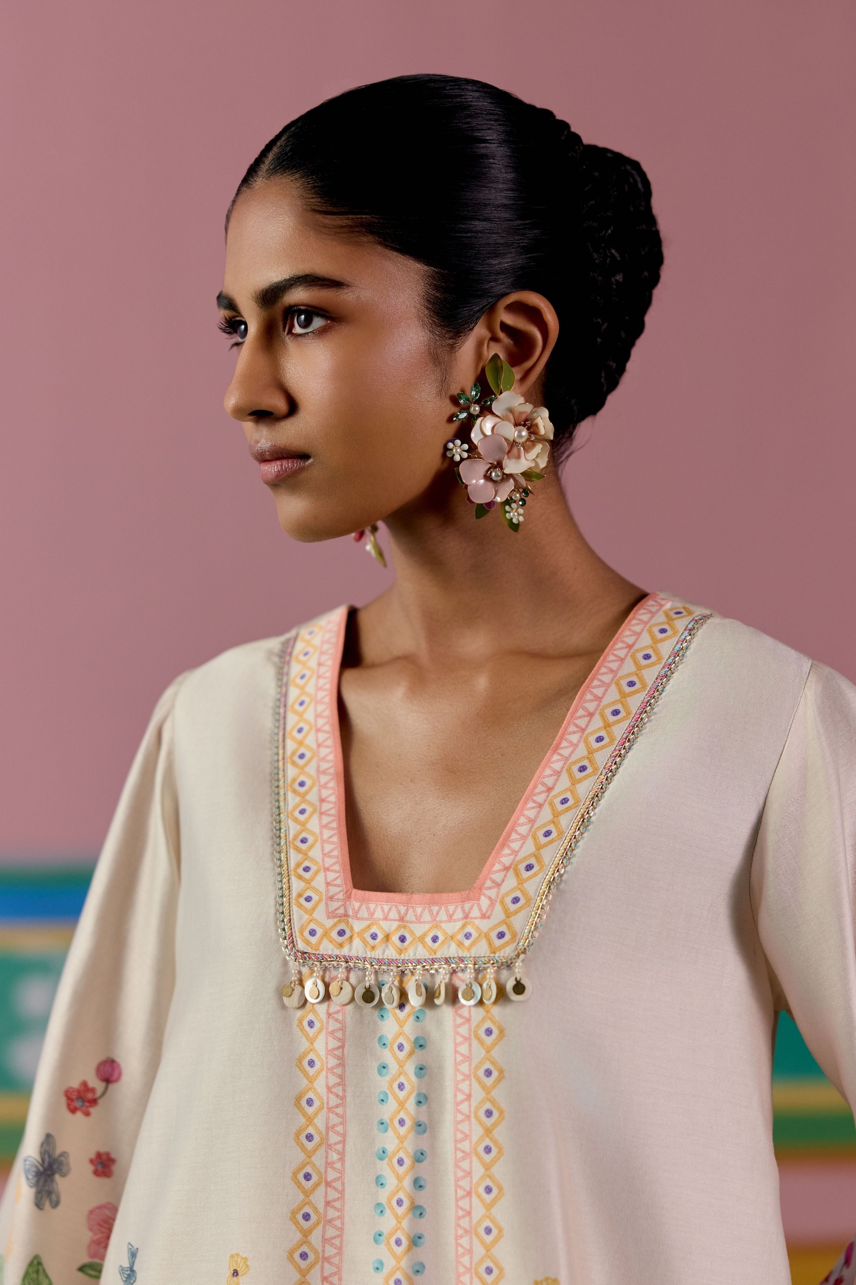 Ecru Floral Square Neck Kurta Set