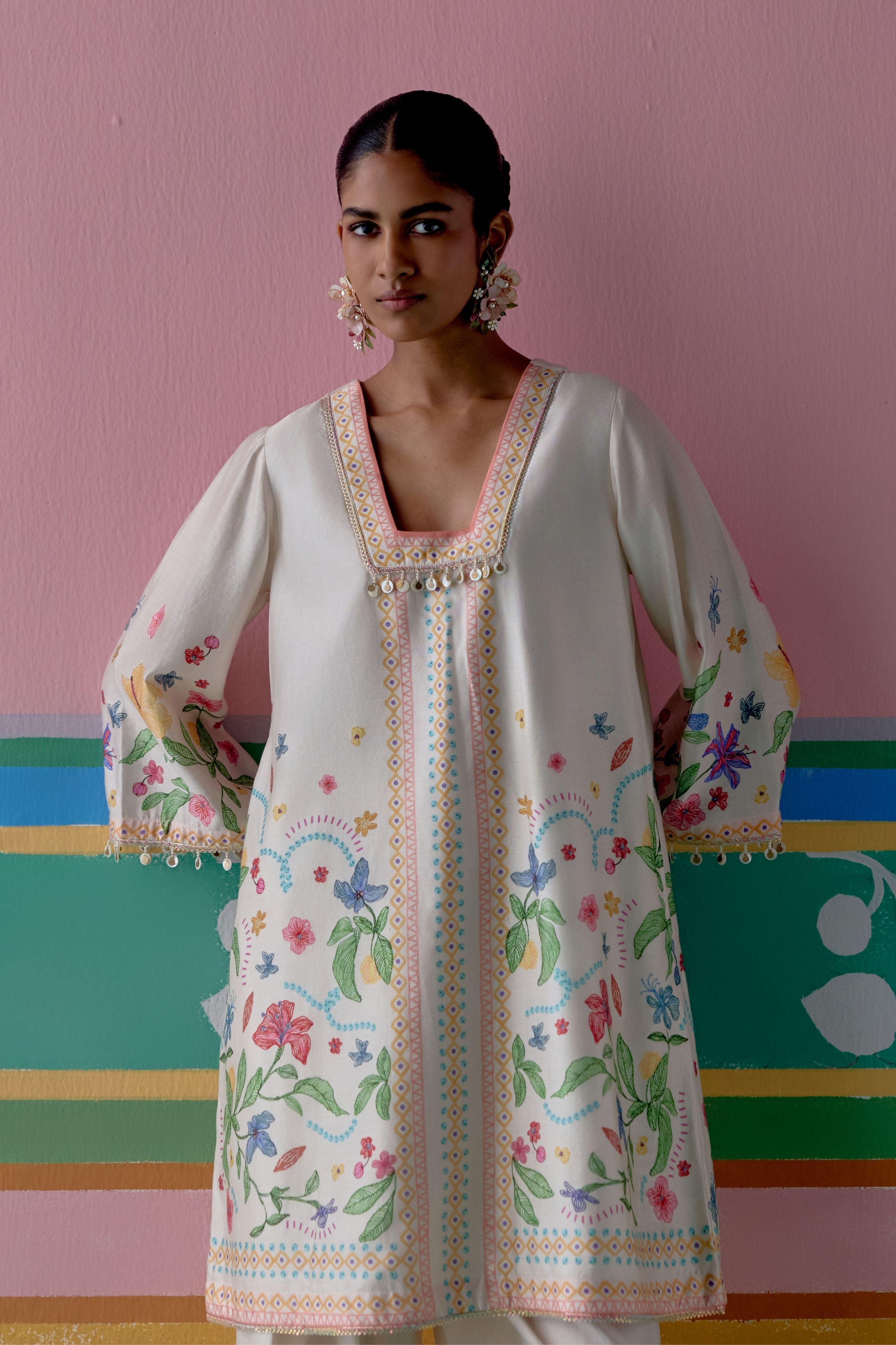 Ecru Floral Square Neck Kurta Set