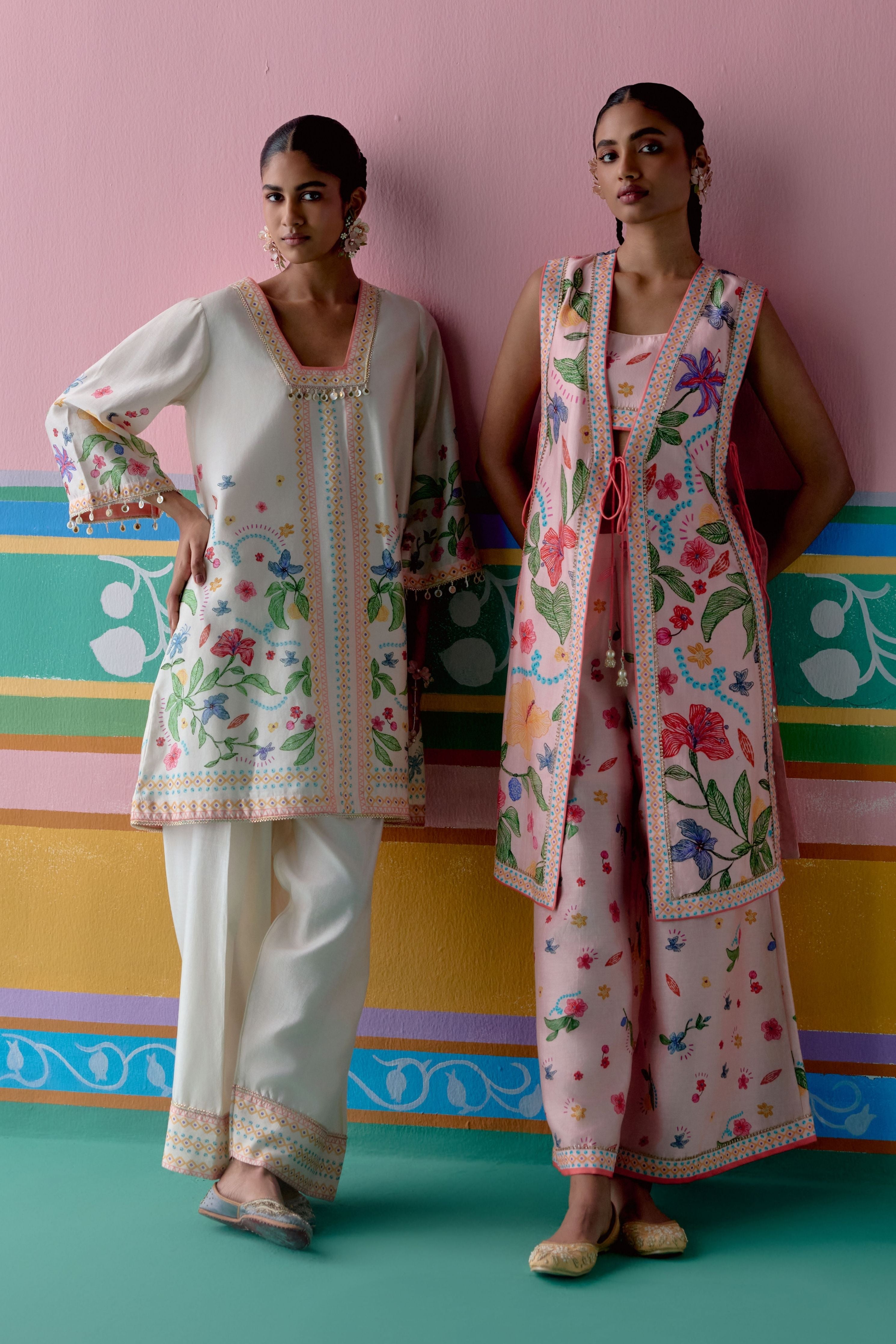 Ecru Floral Square Neck Kurta Set