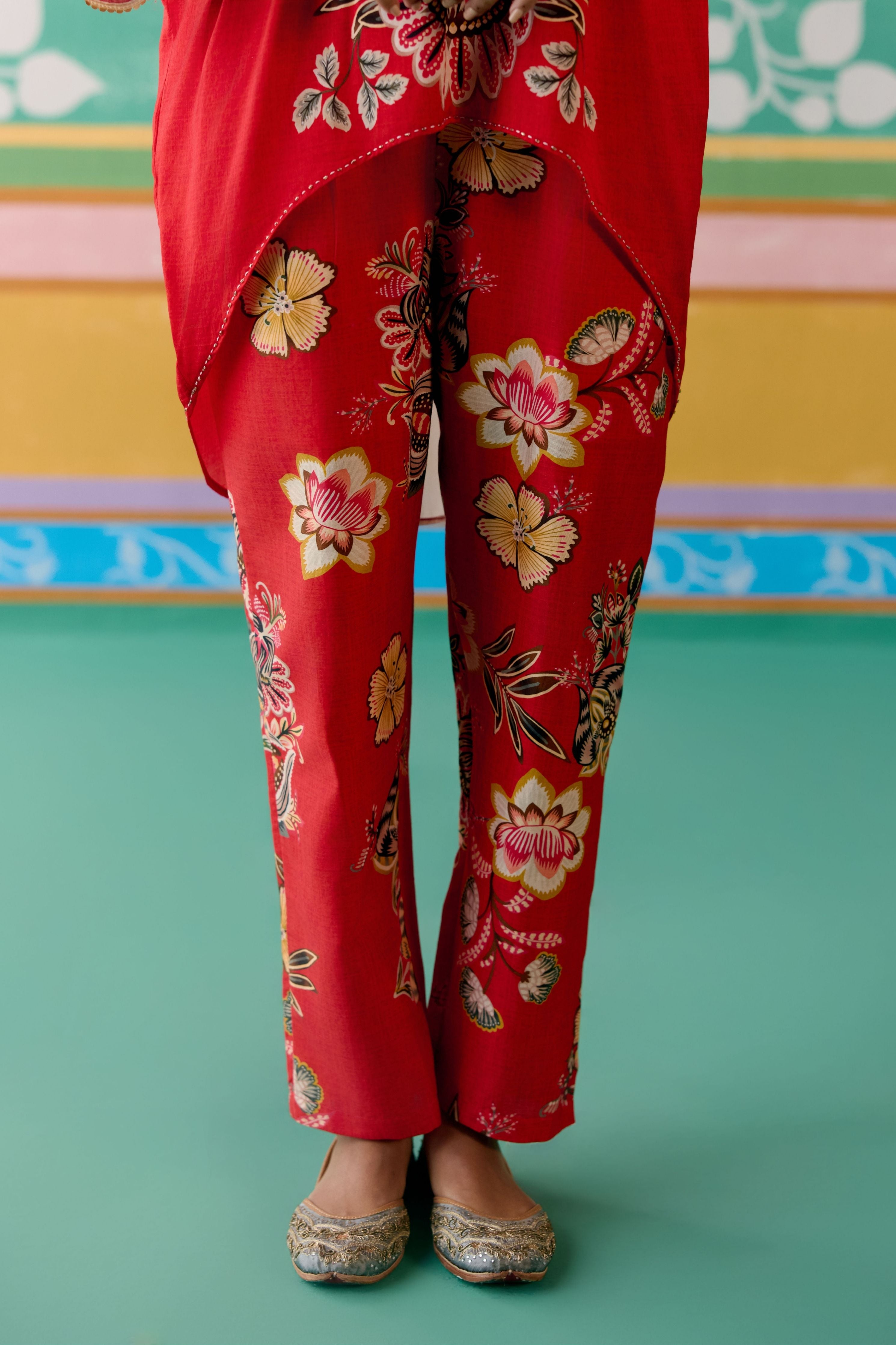 Ecru & Red Floral Short Kaftan Set