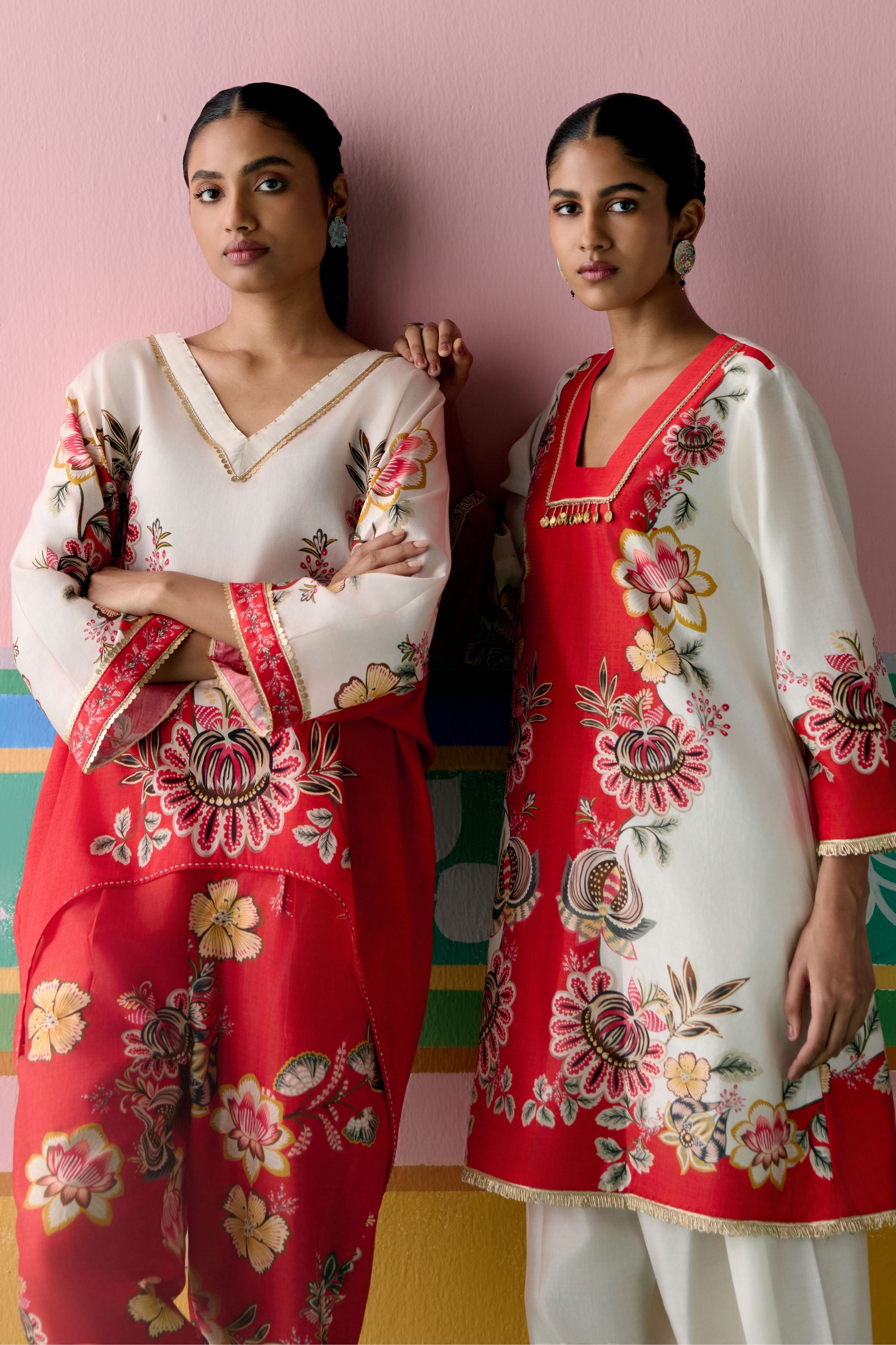 Ecru & Red Floral Short Kaftan Set
