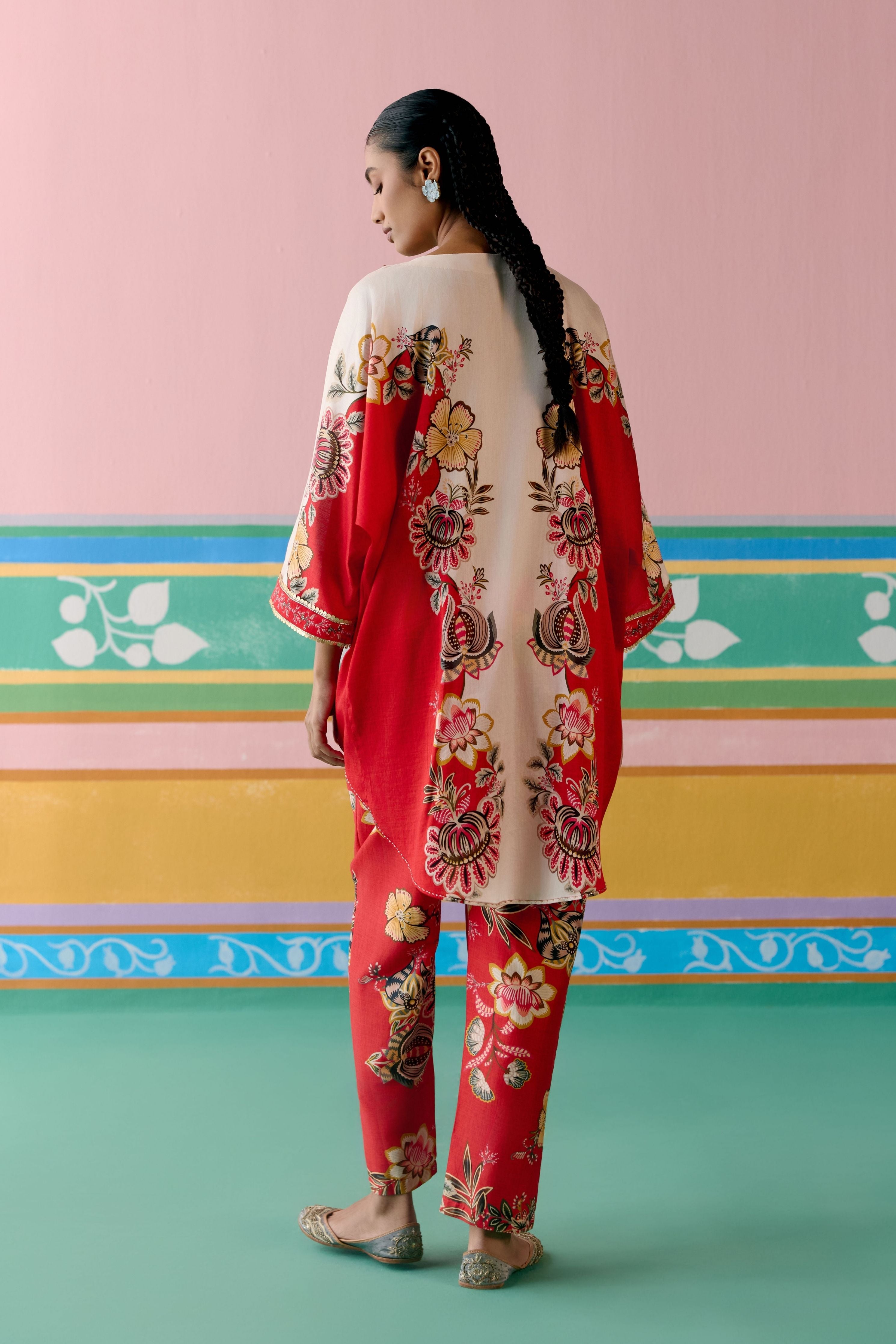 Ecru & Red Floral Short Kaftan Set