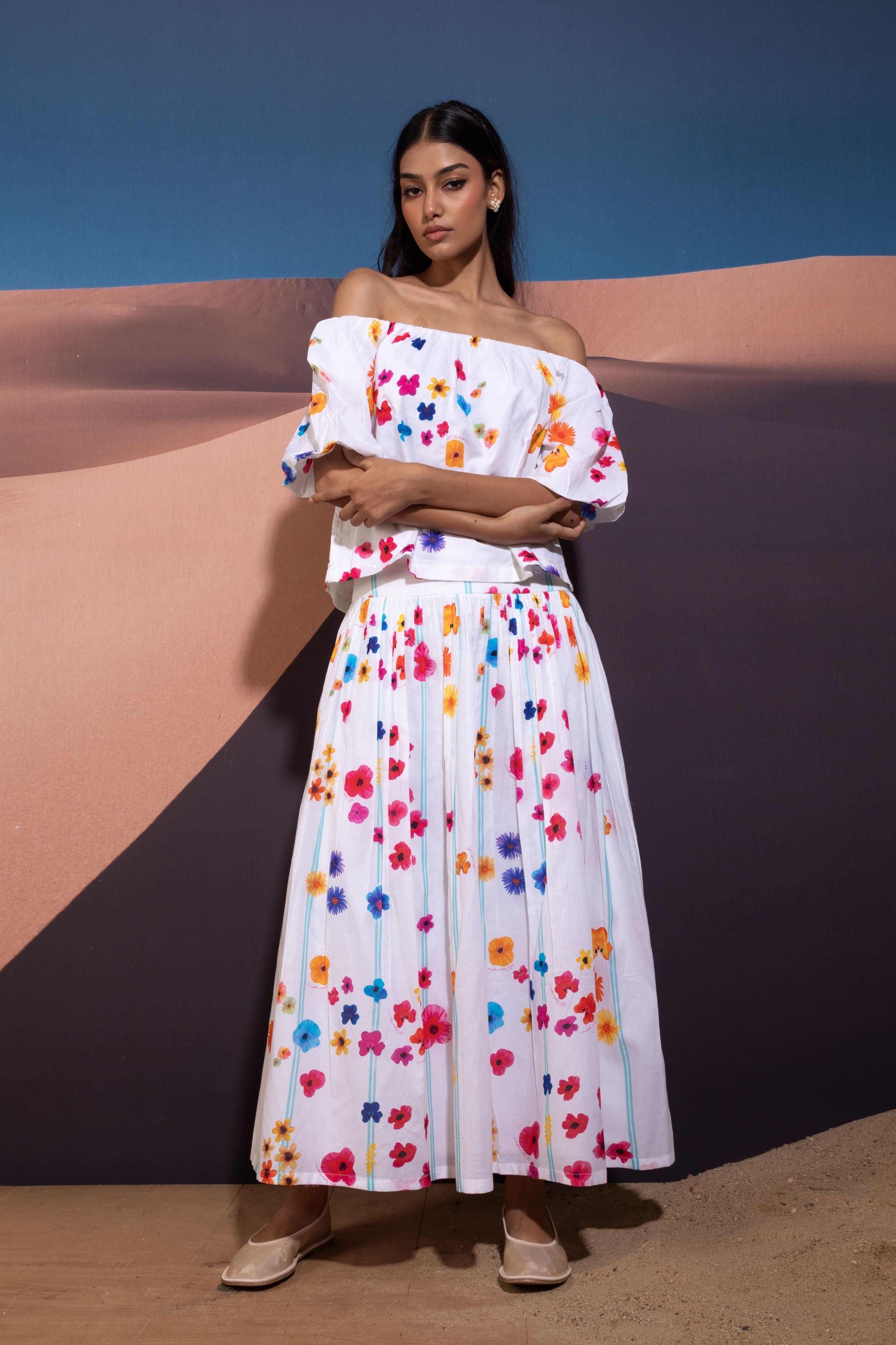 Elysian Bloom off Shoulder top and skirt