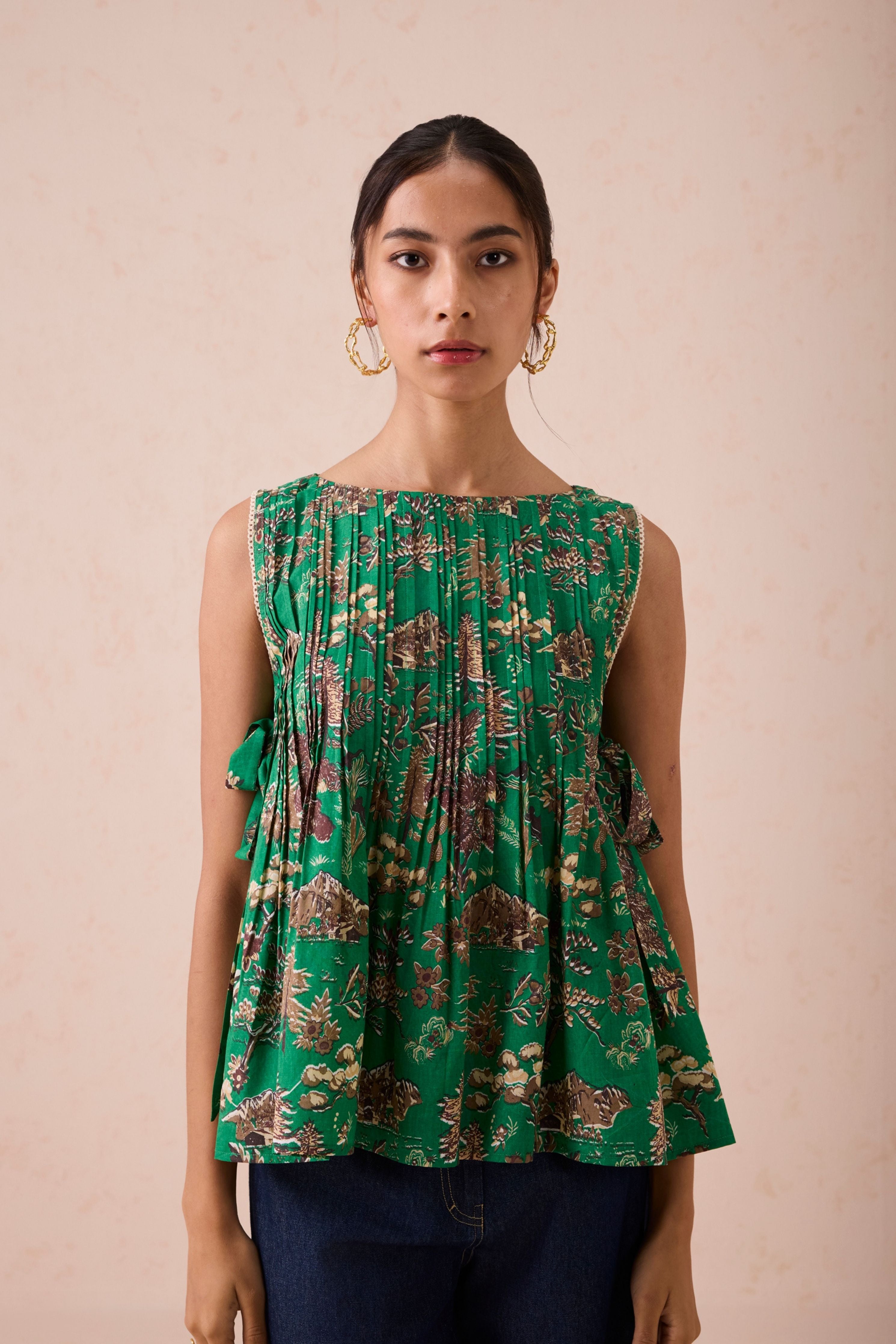 Emerald Pine Pleated Lyocell Blouse