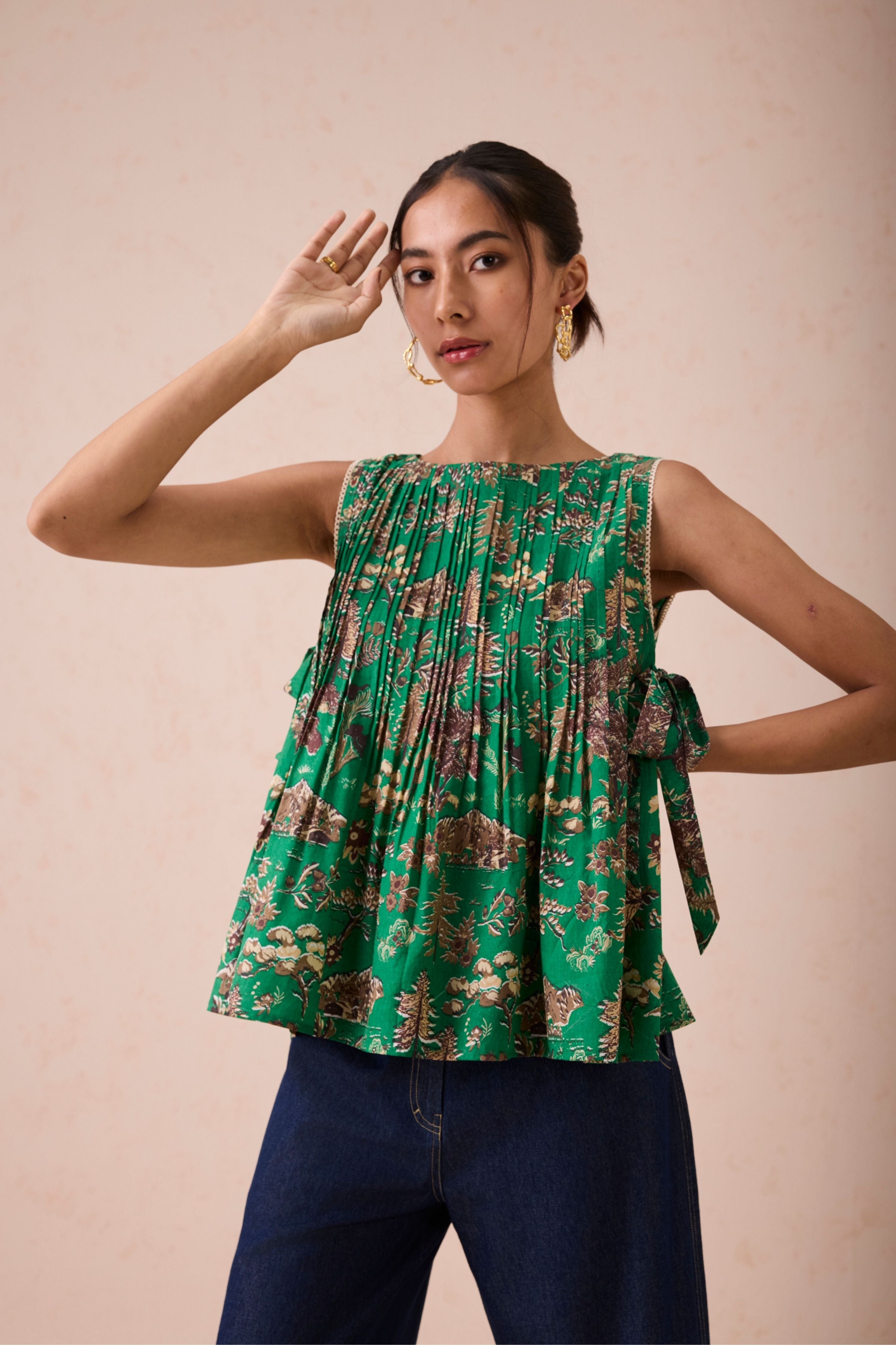 Emerald Pine Pleated Lyocell Blouse