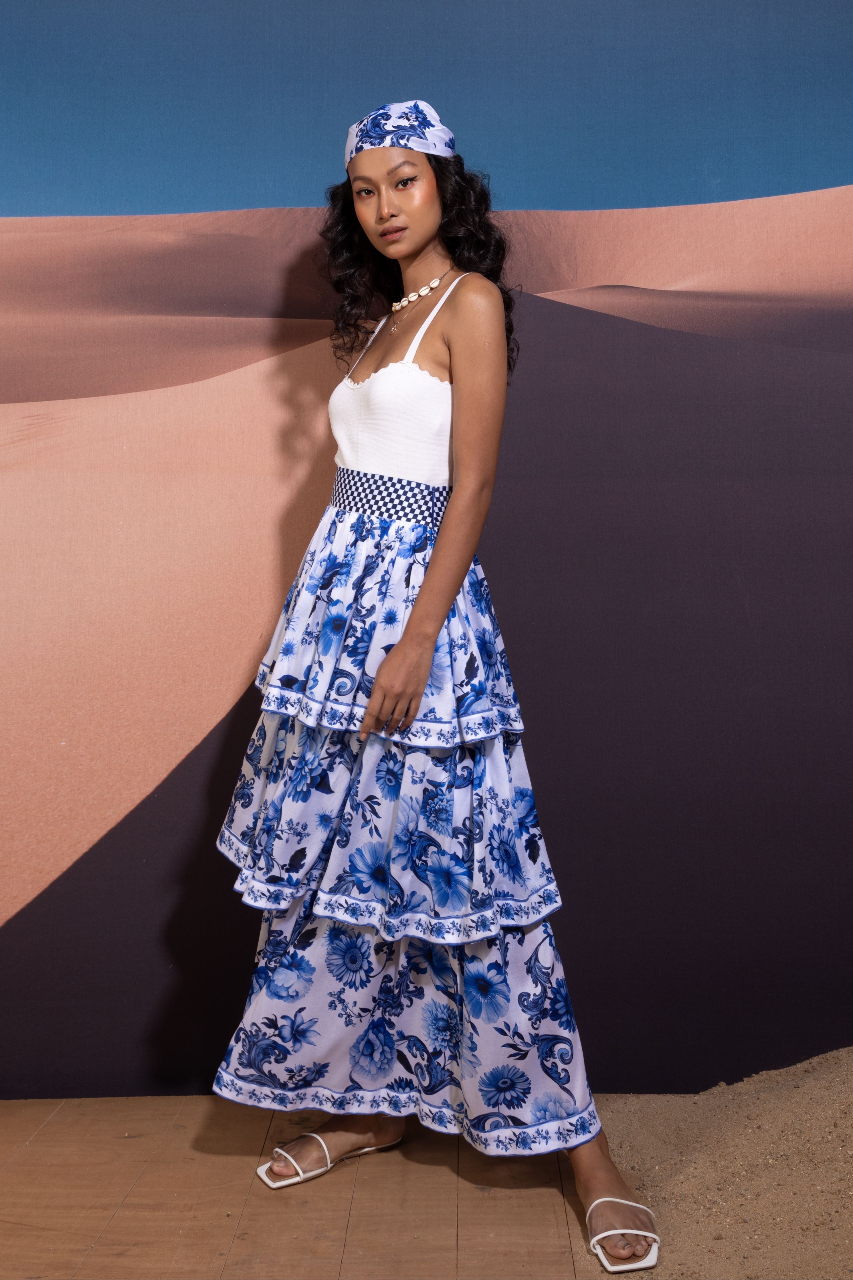 Enchanted Azure Blossom Layered Skirt