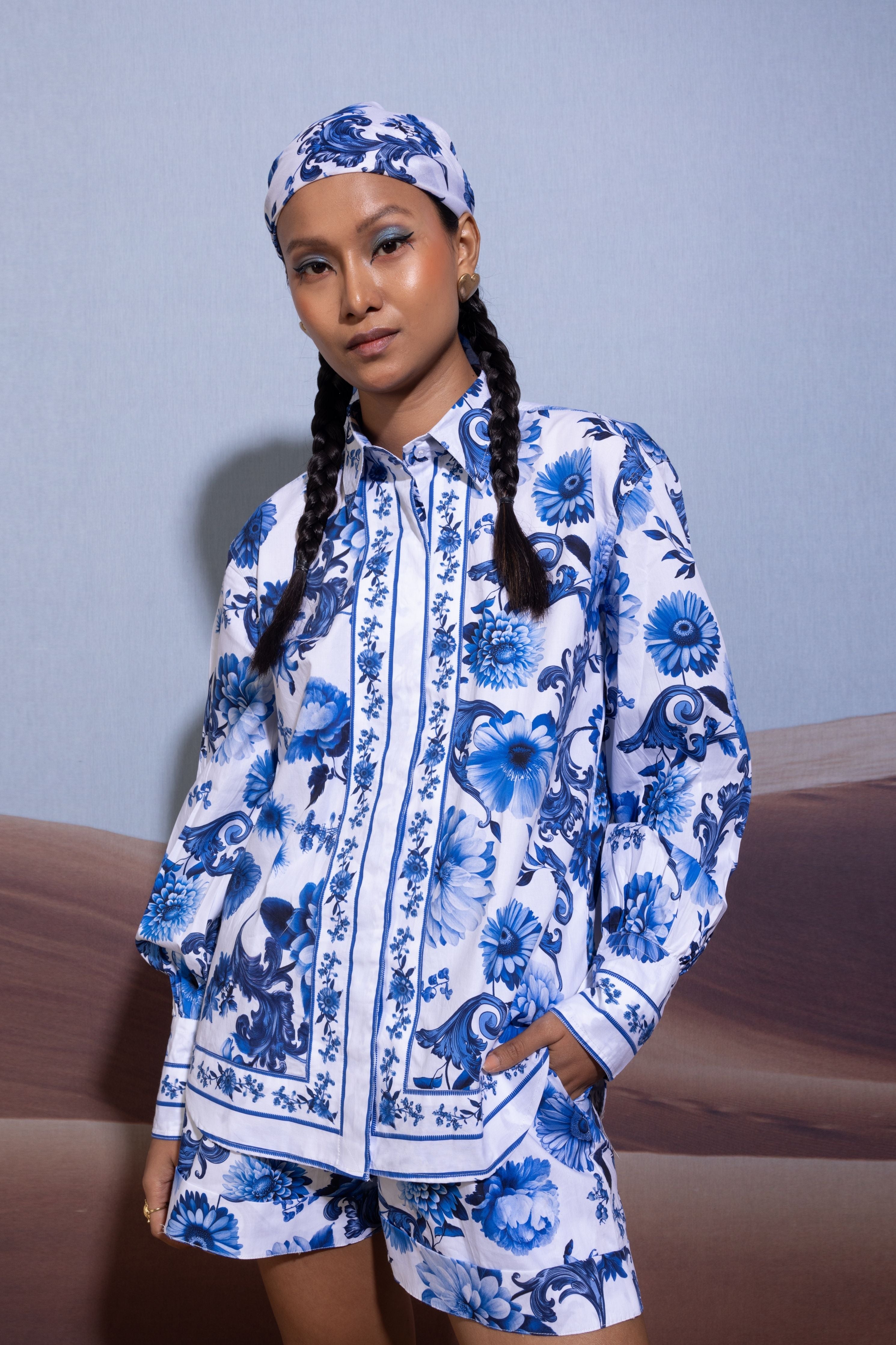 Enchanted Azure Blossom Shirt and Shorts set