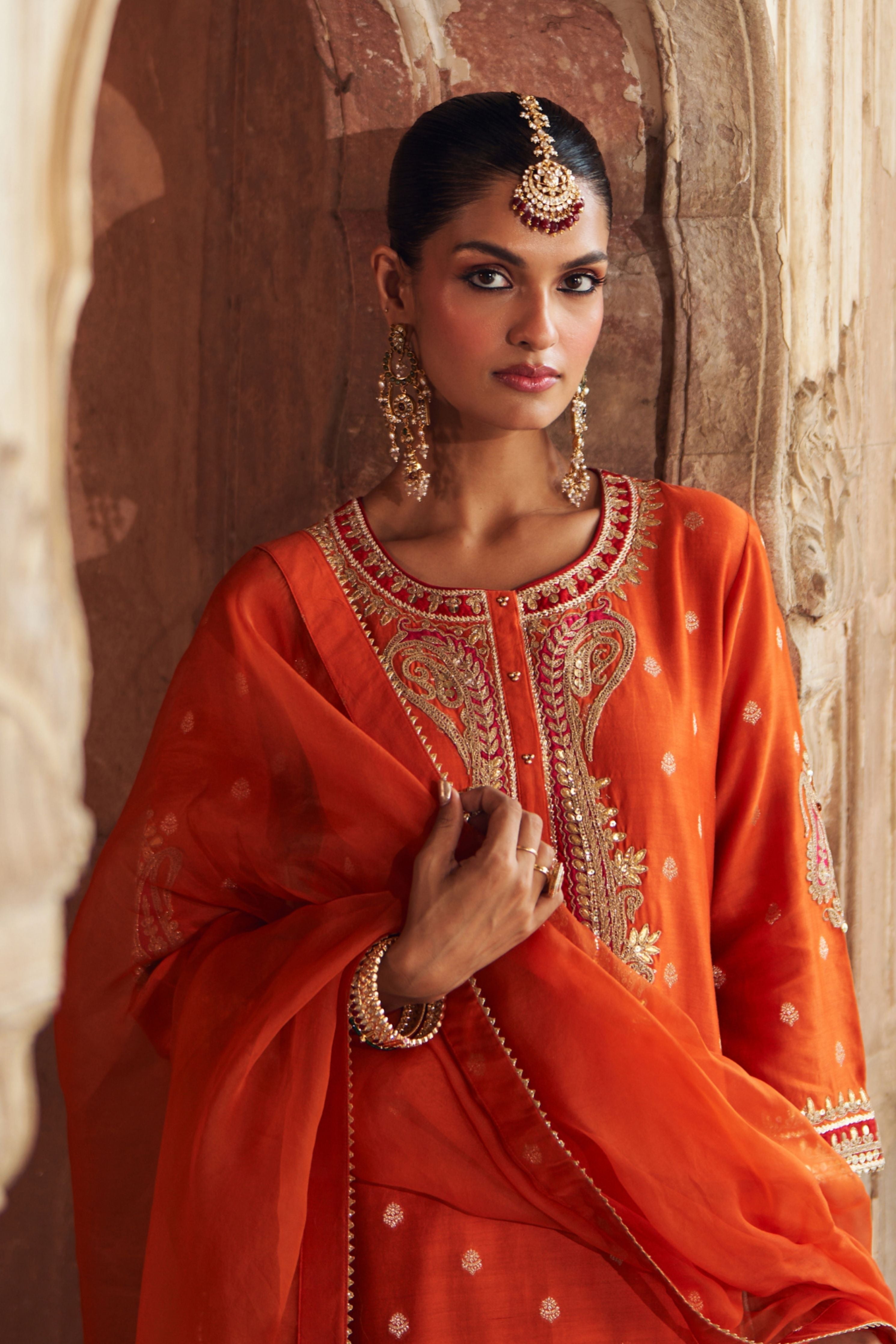 Fahmida Burnt Orange Short Kurta With Salwar And Dupatta