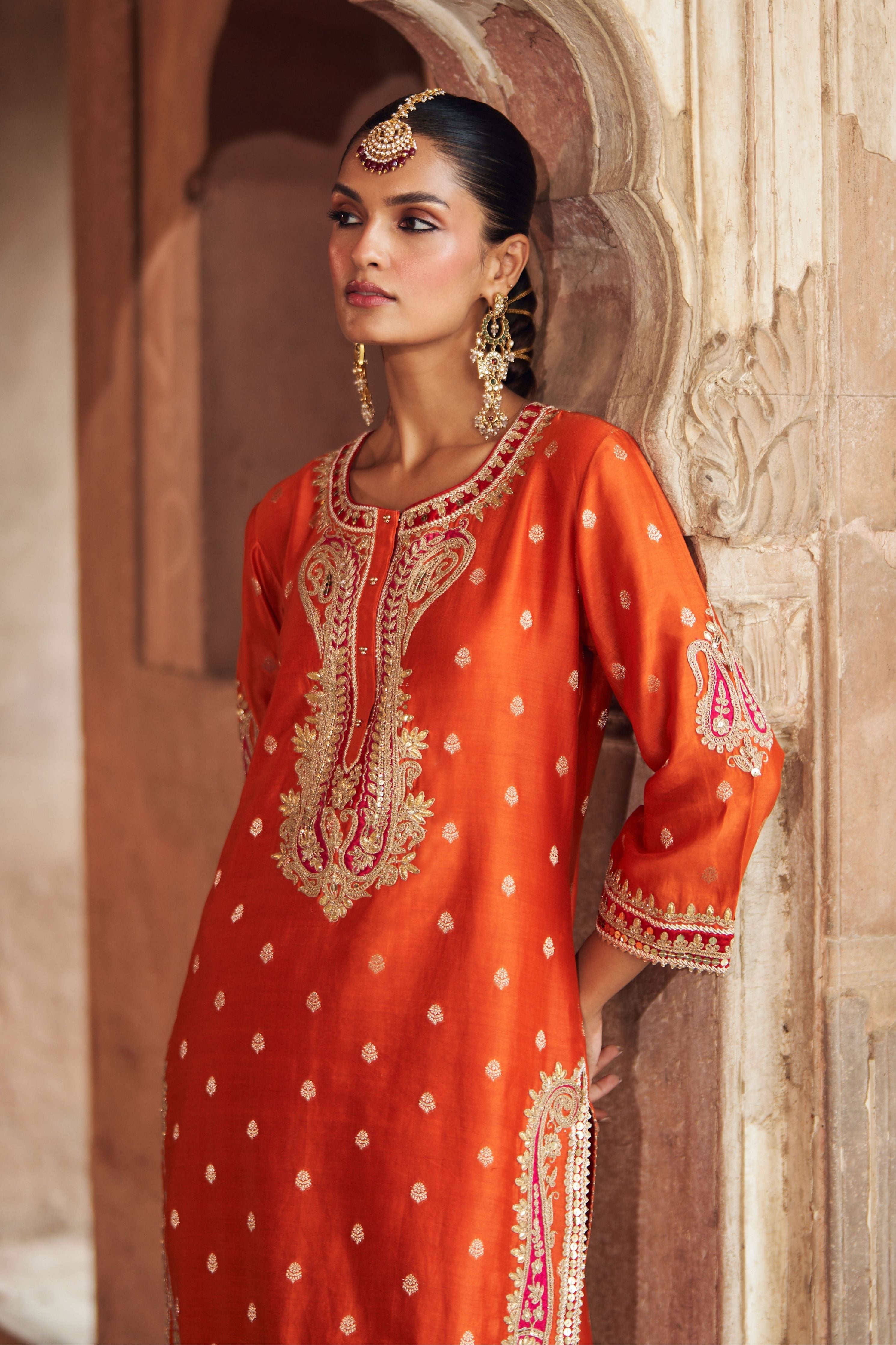 Fahmida Burnt Orange Short Kurta With Salwar And Dupatta