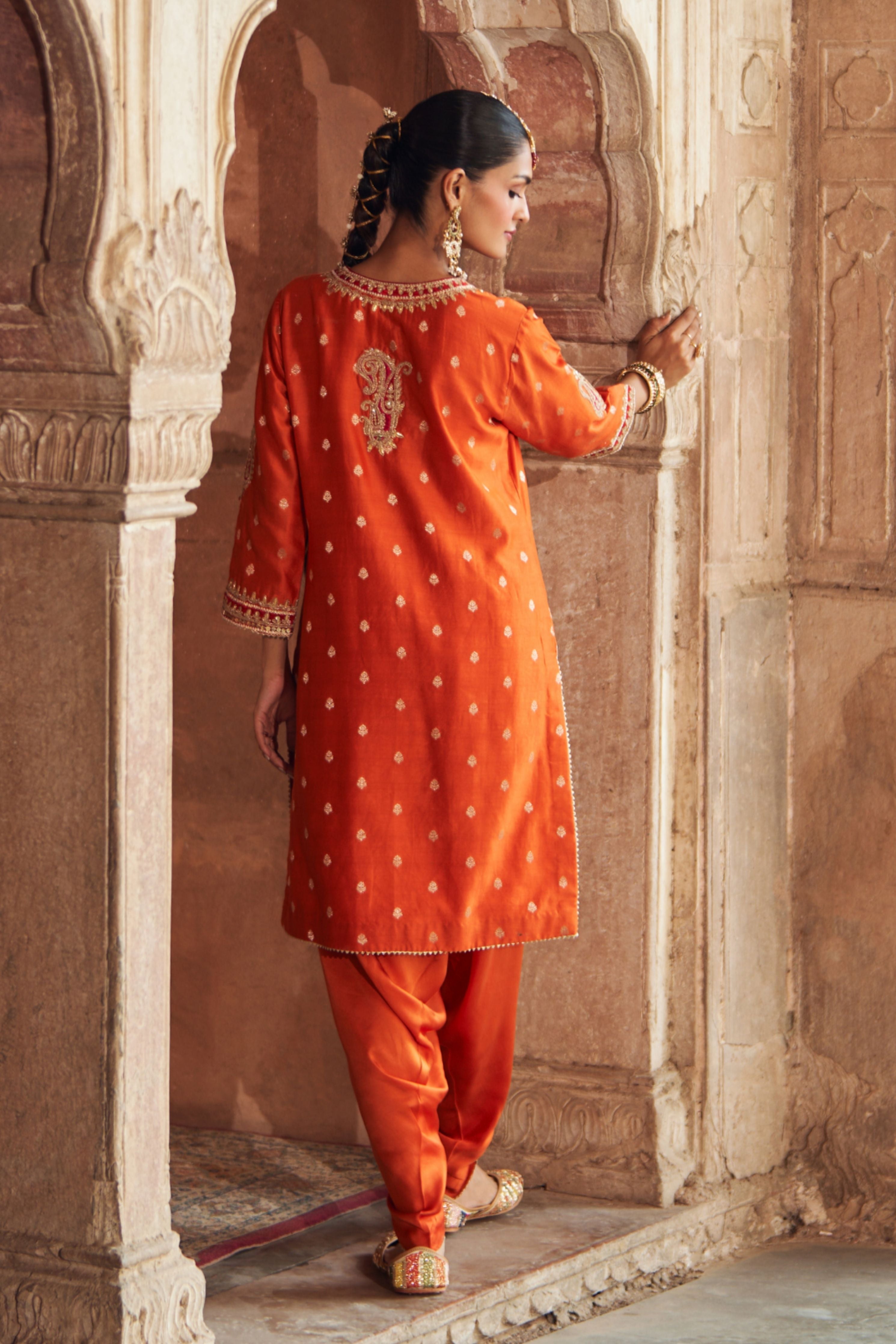 Fahmida Burnt Orange Short Kurta With Salwar And Dupatta