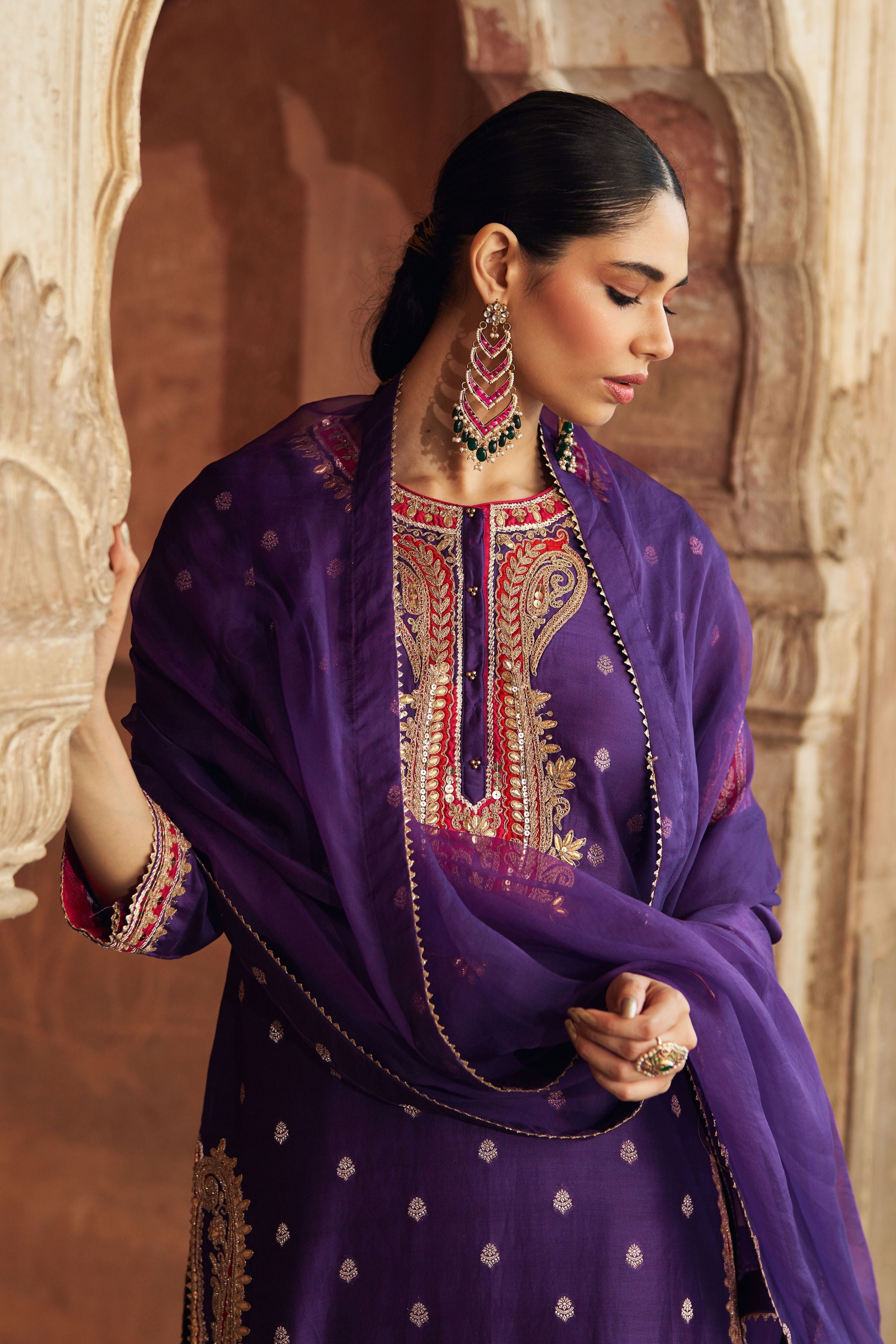 Fahmida Deep Purple Short Kurta With Salwar And Dupatta