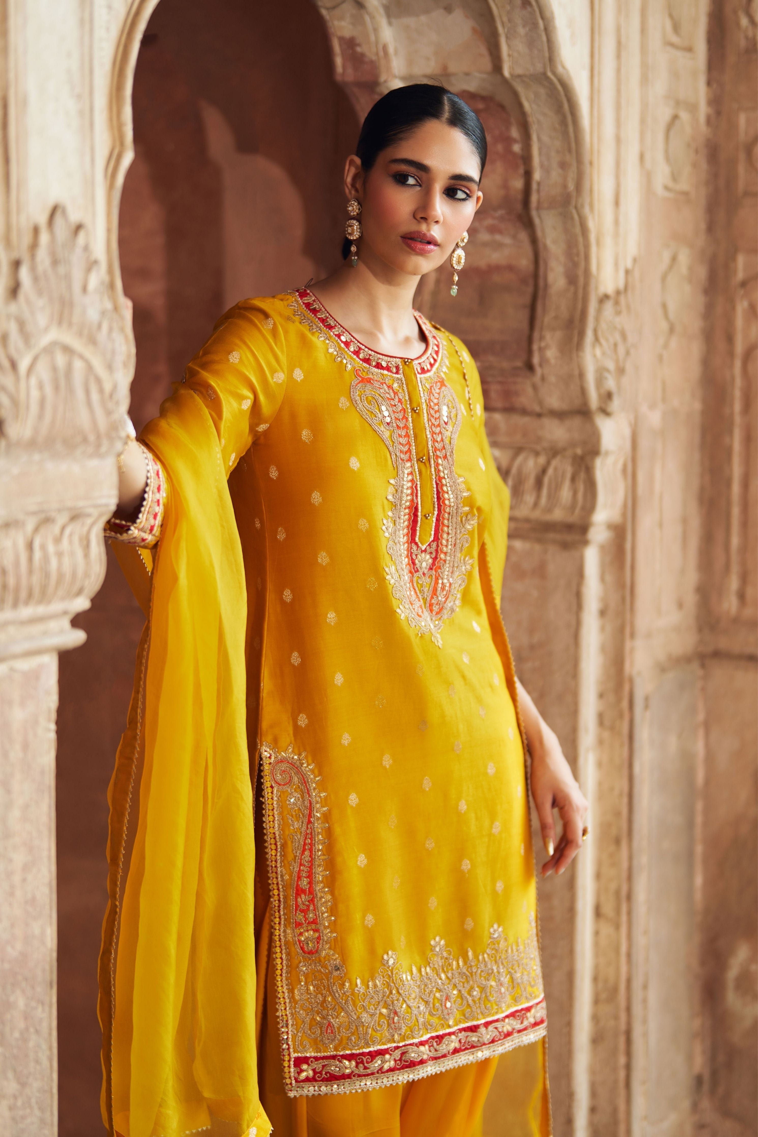 Fahmida Mustard Short Kurta With Salwar With Dupatta