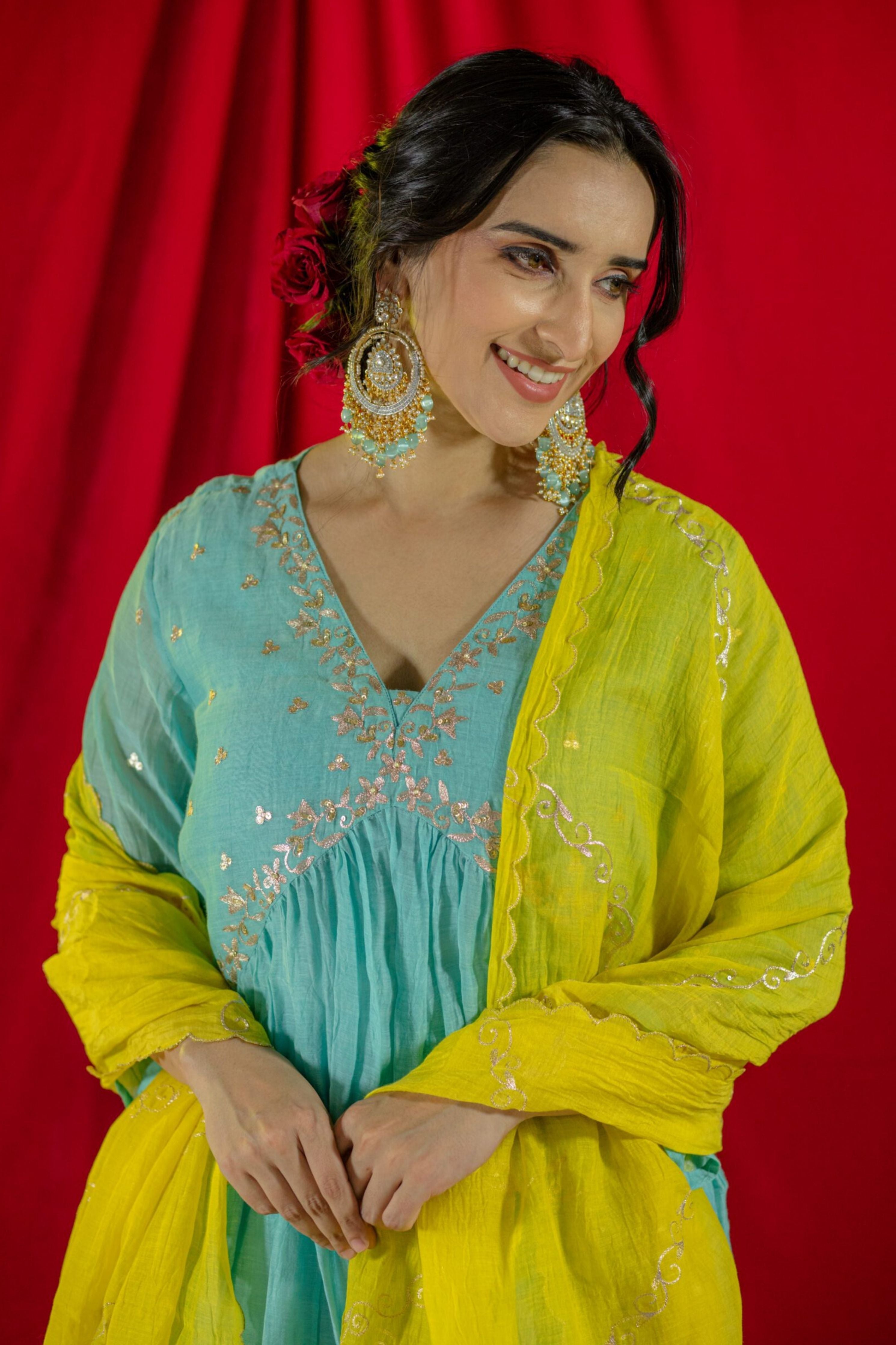 Aqua Blue V-Neck Kurta Suit set