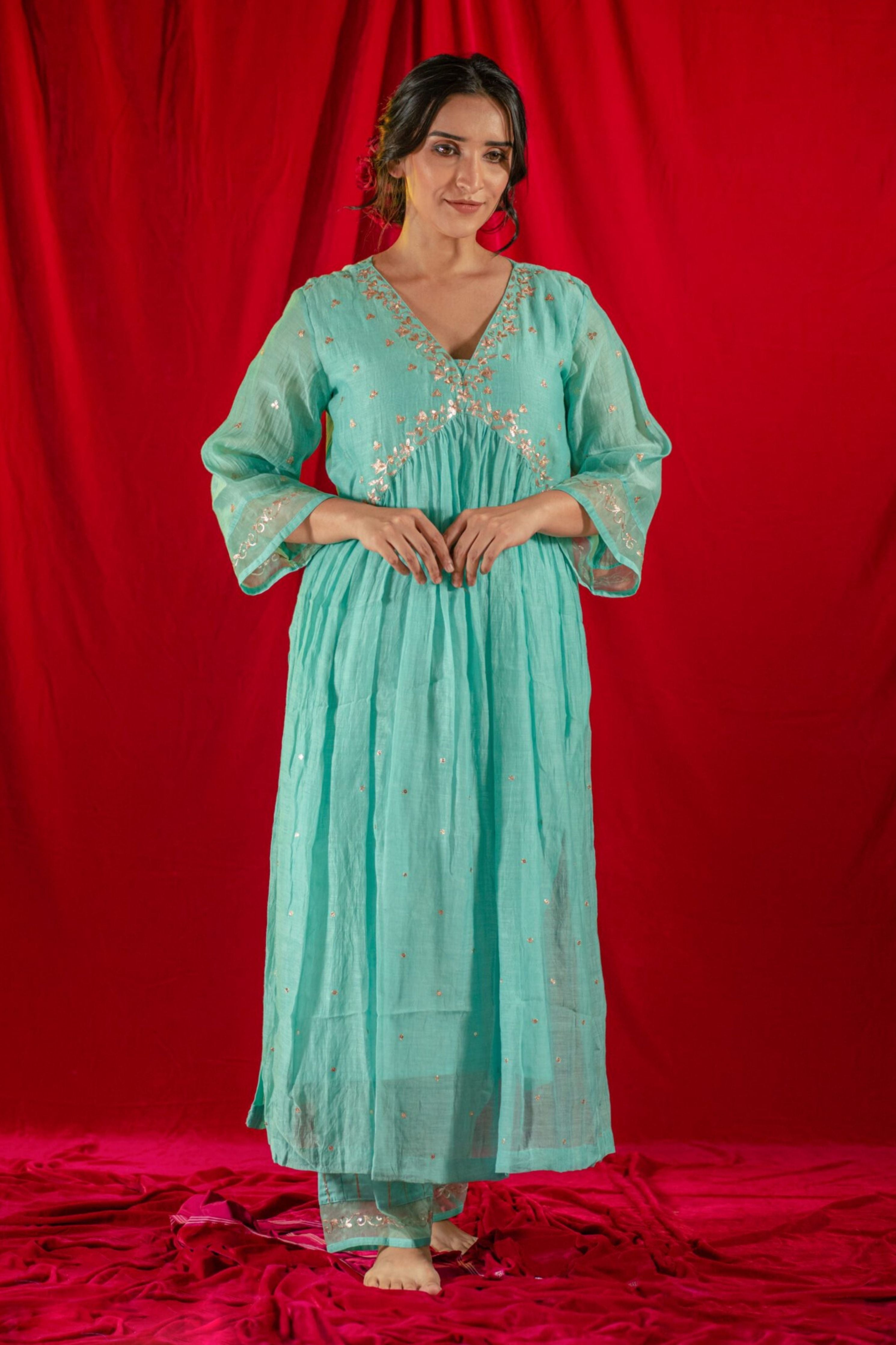 Aqua Blue V-Neck Kurta Suit set