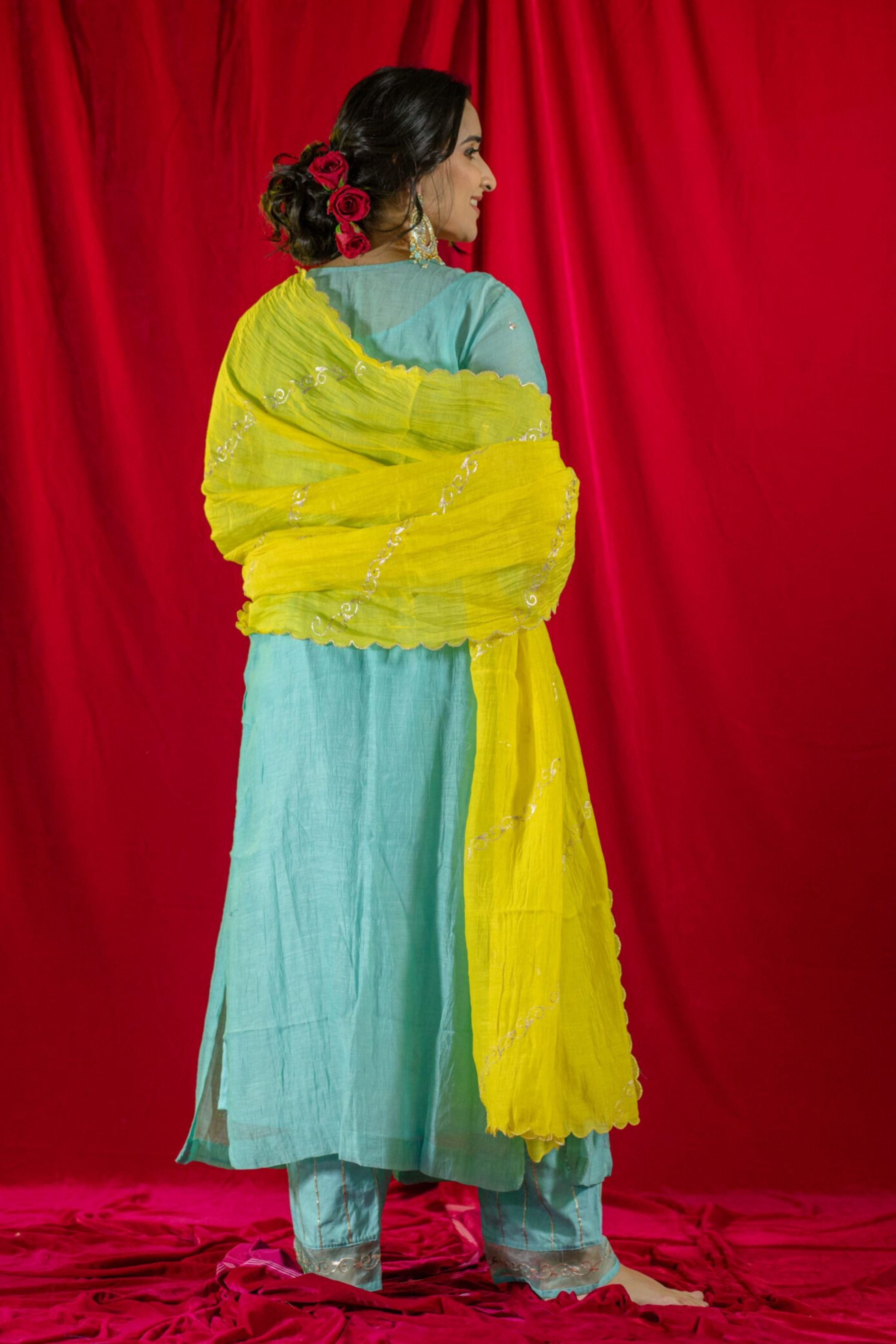 Aqua Blue V-Neck Kurta Suit set