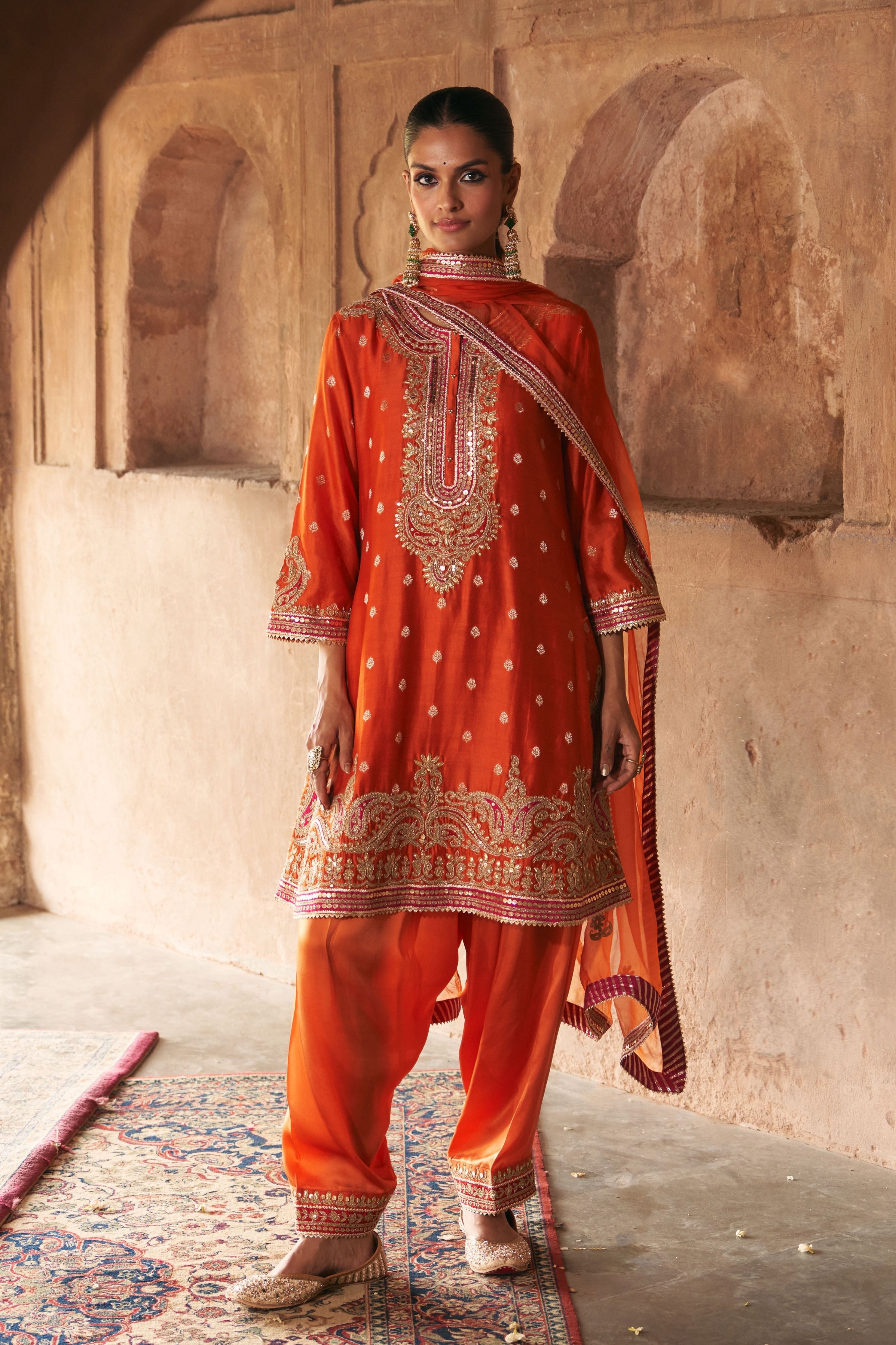Farhana  Burnt Orange Short Kurta With Salwar And Dupatta