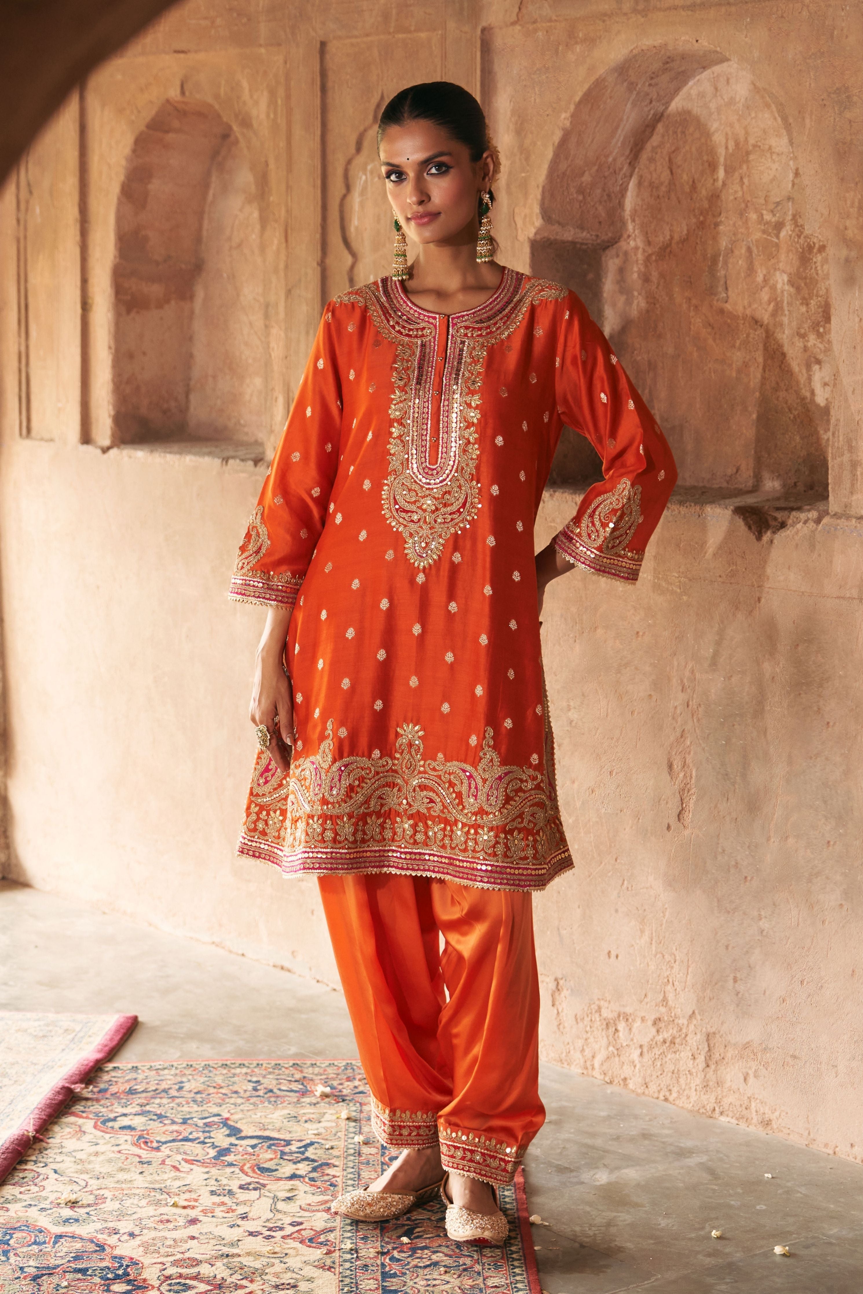 Farhana  Burnt Orange Short Kurta With Salwar And Dupatta