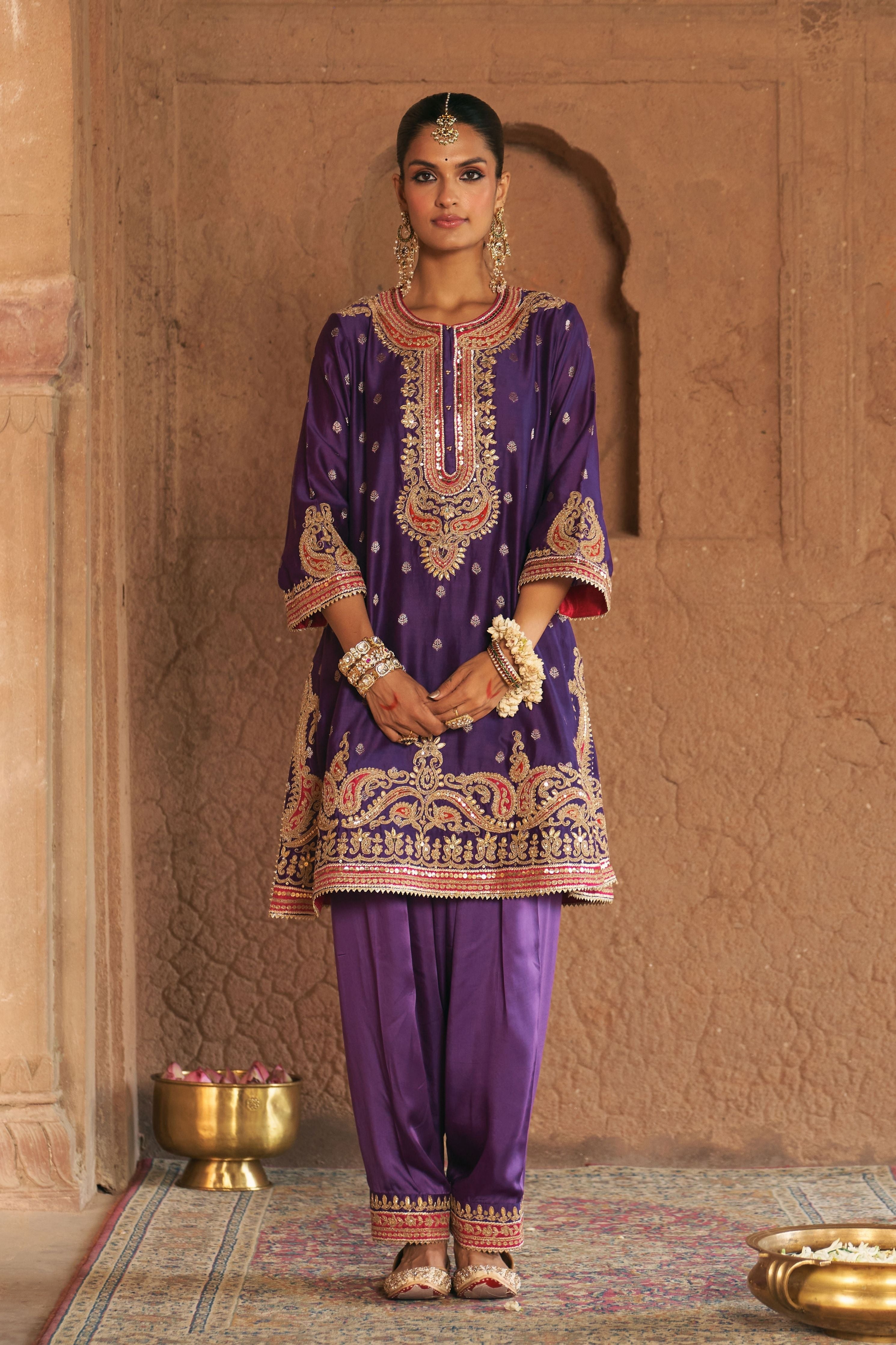Farhana Deep Purple Short Kurta With Salwar And Dupatta