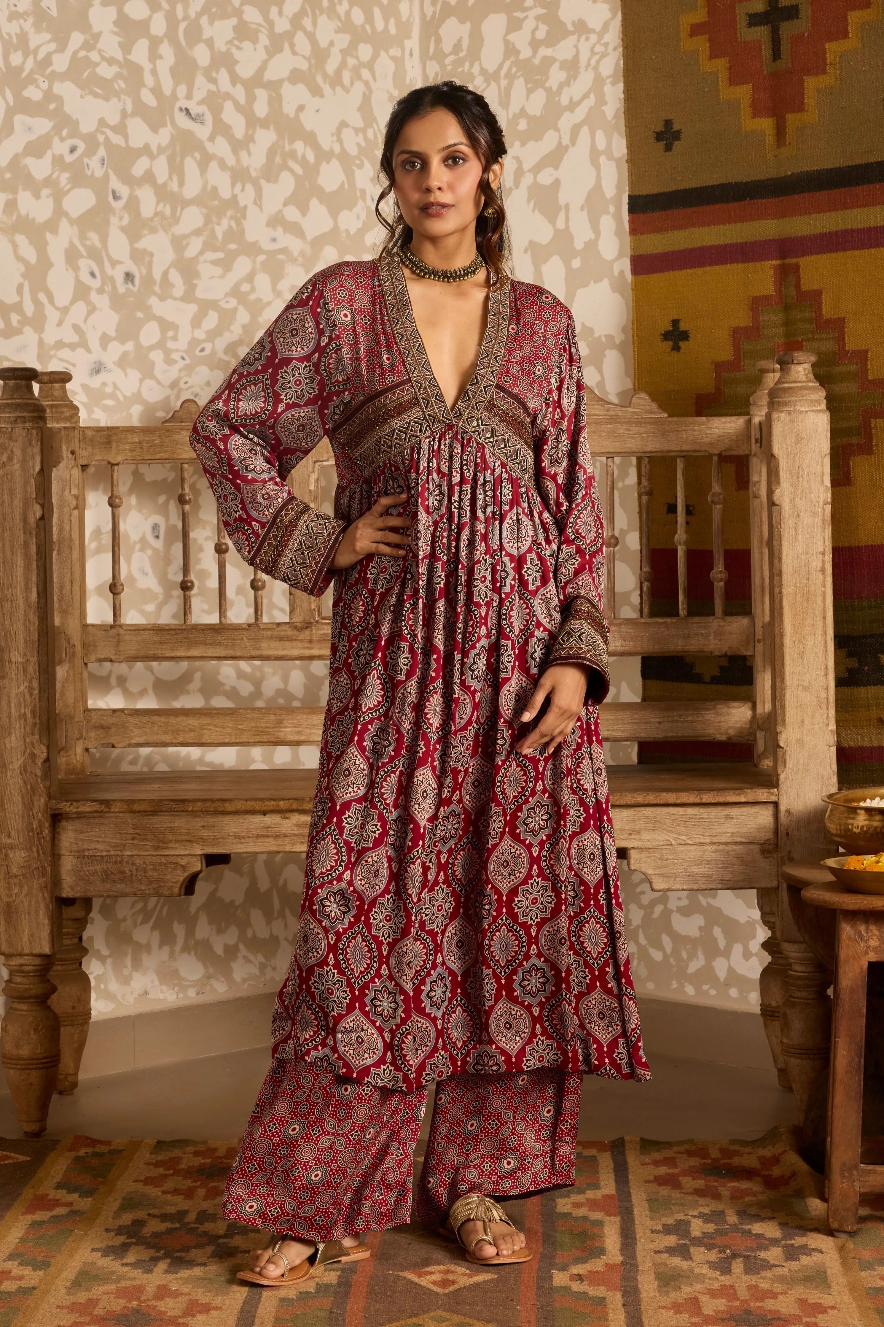 Ajrak V-Neck Kurta Set