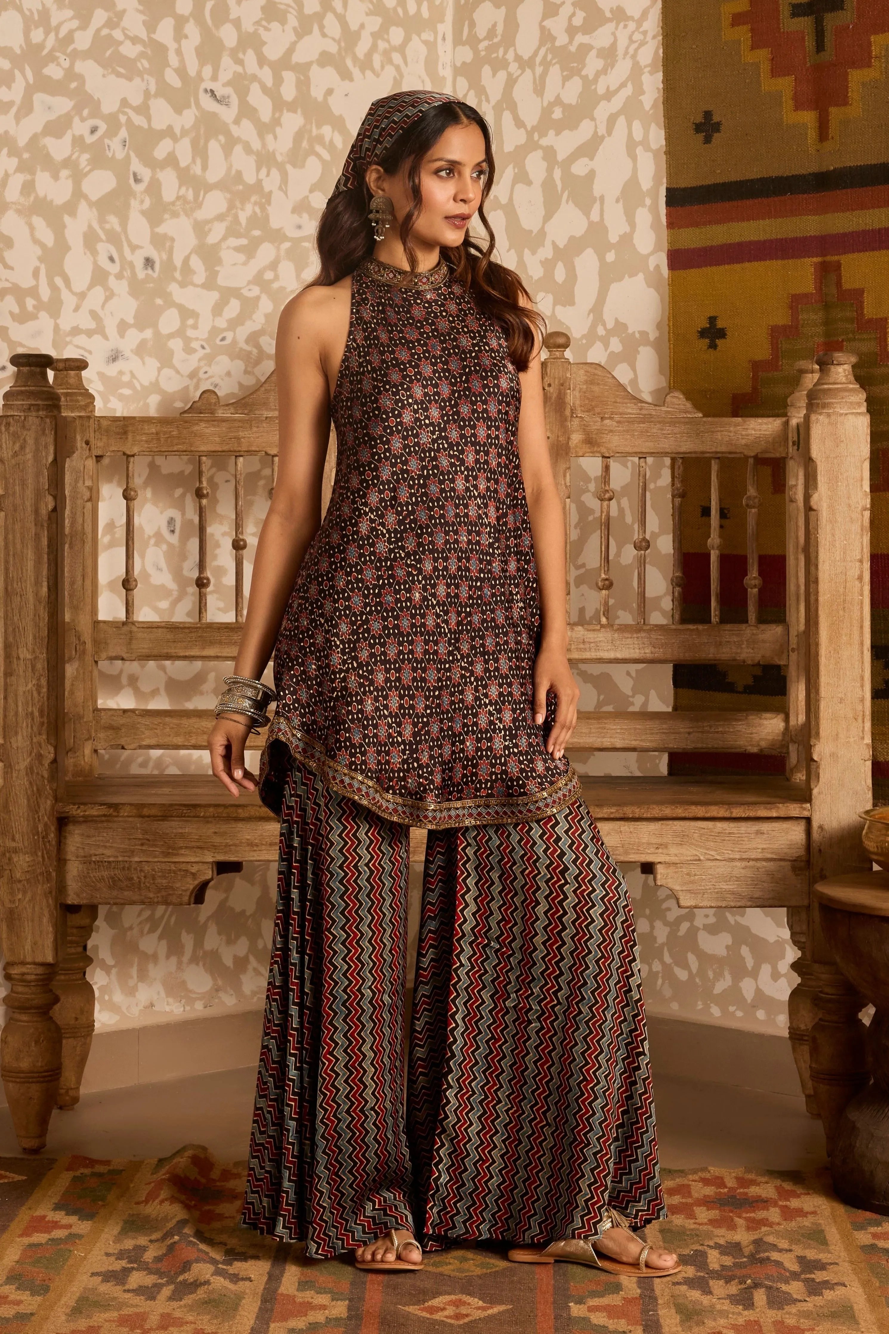 Halter neck tunic with sharara pants