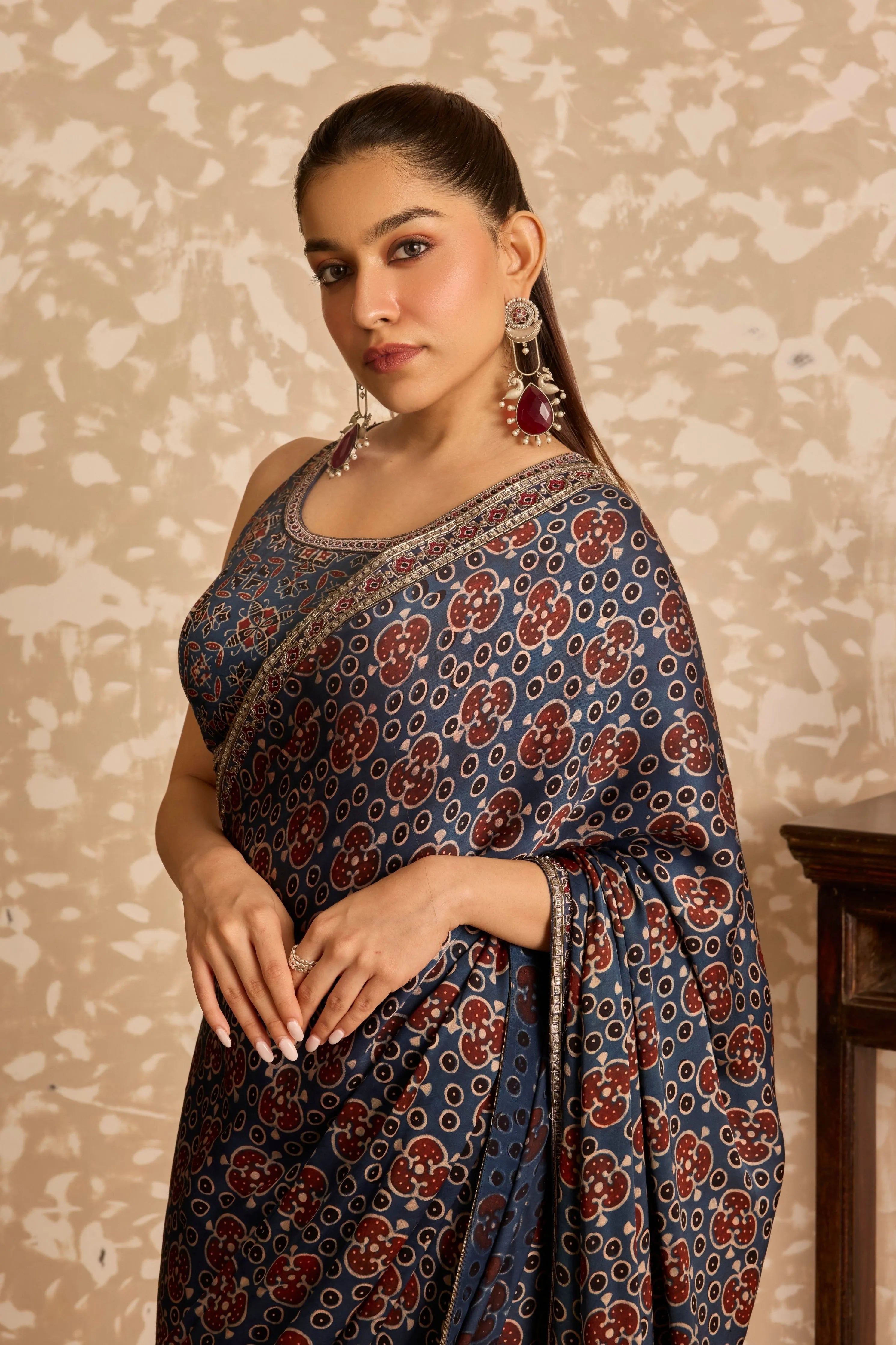 Round neck blouse with saree