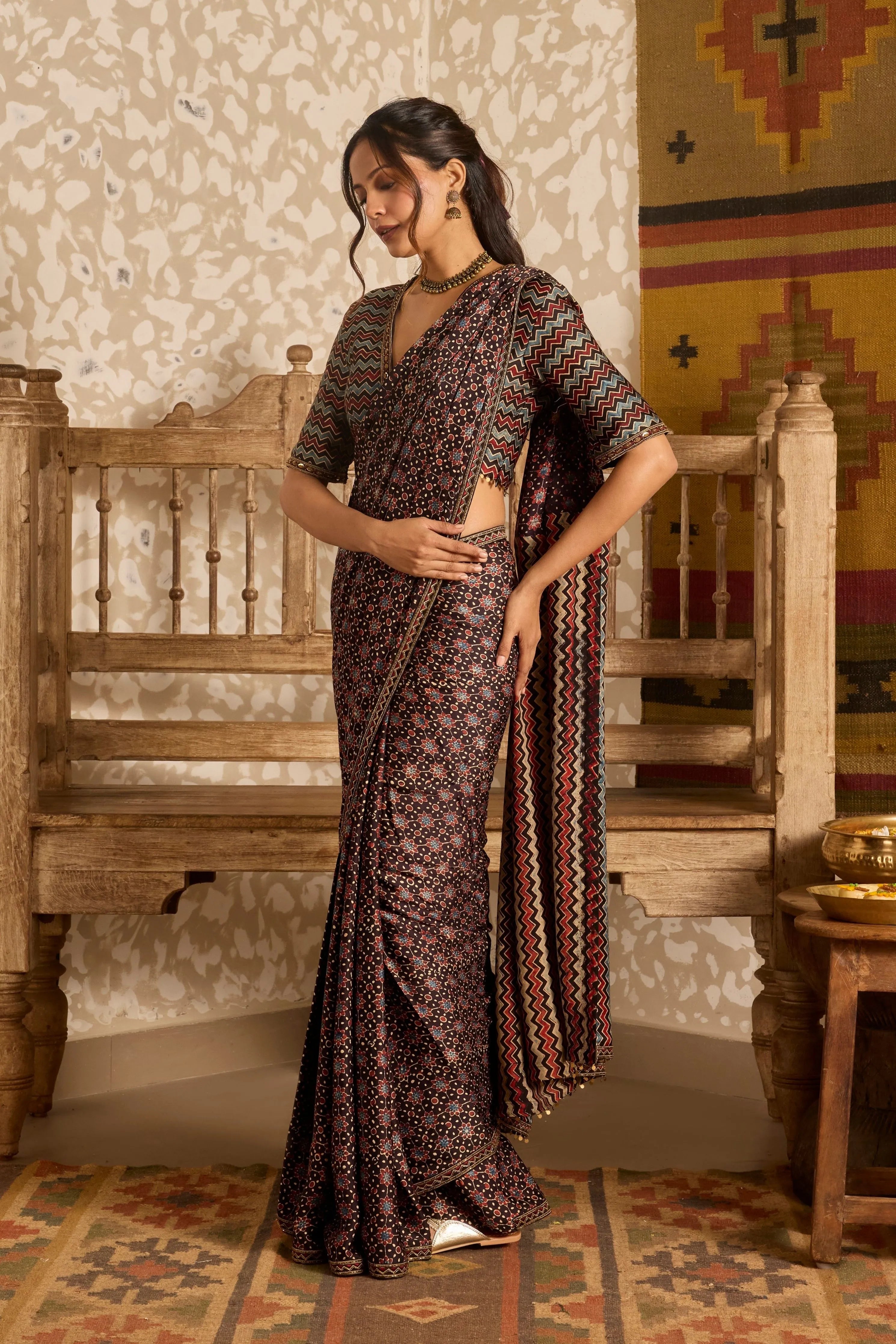 Deep neck Blouse with Saree