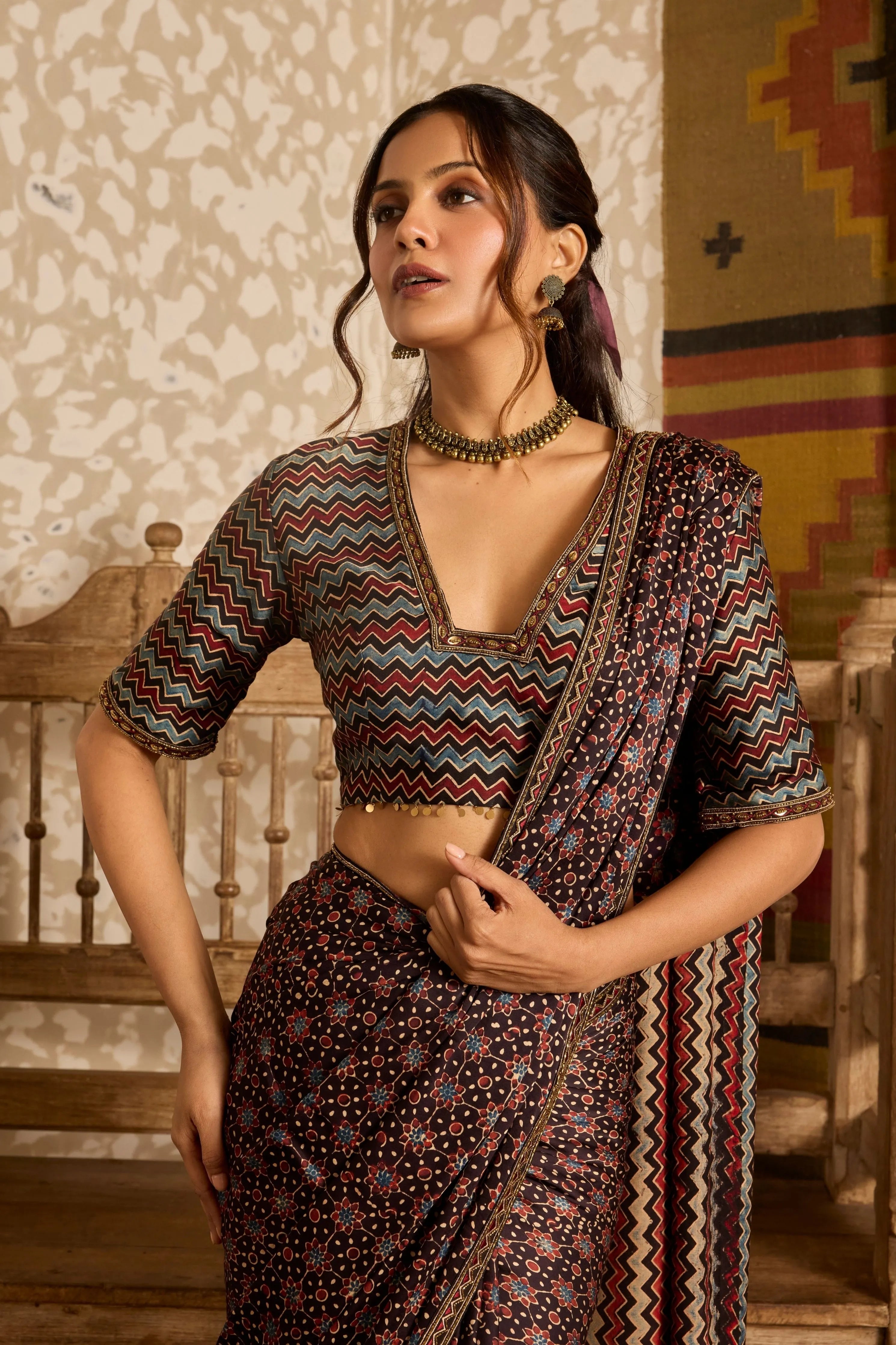 Deep neck Blouse with Saree