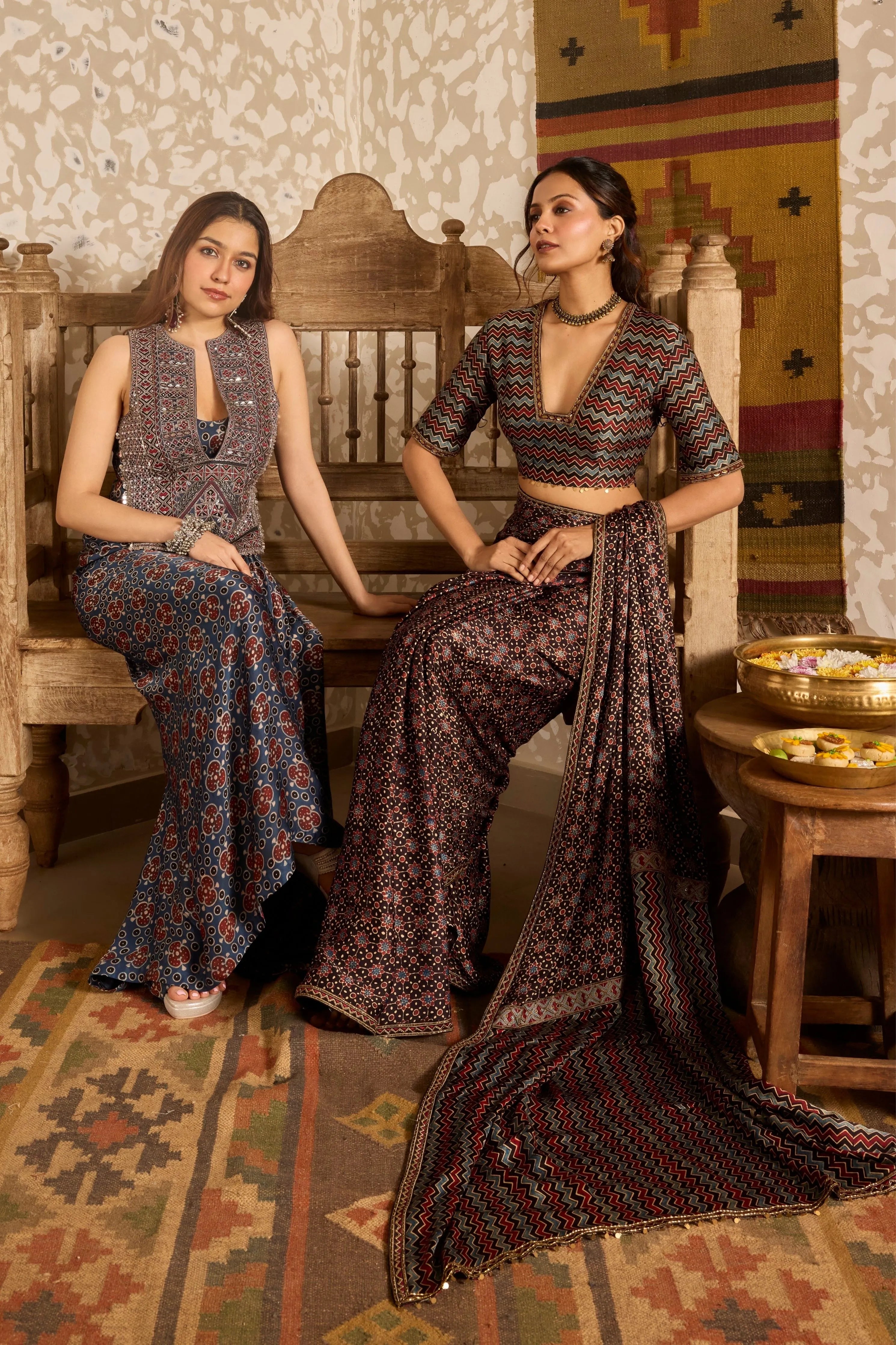 Deep neck Blouse with Saree
