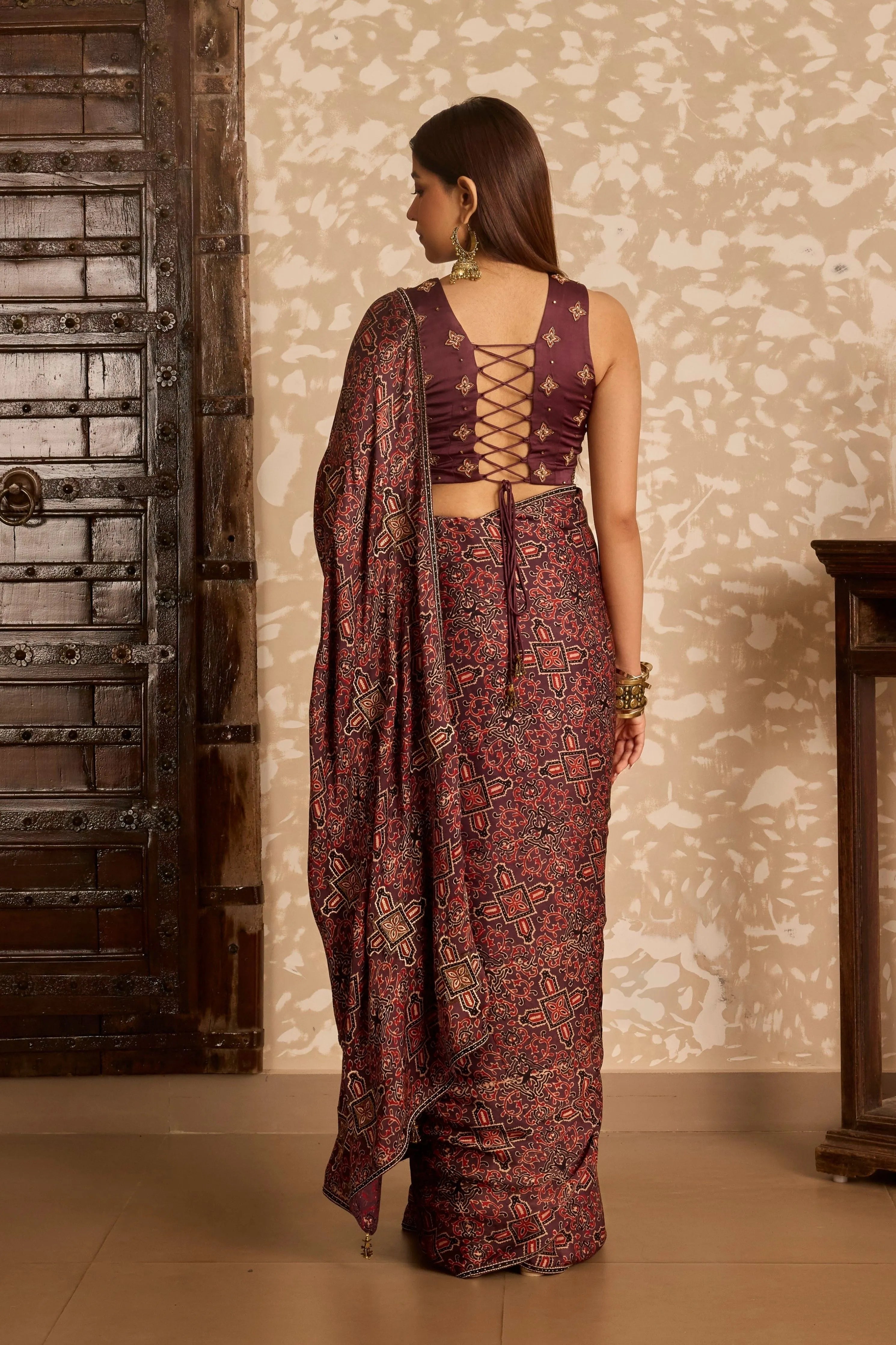 V neck tie up blosue with saree