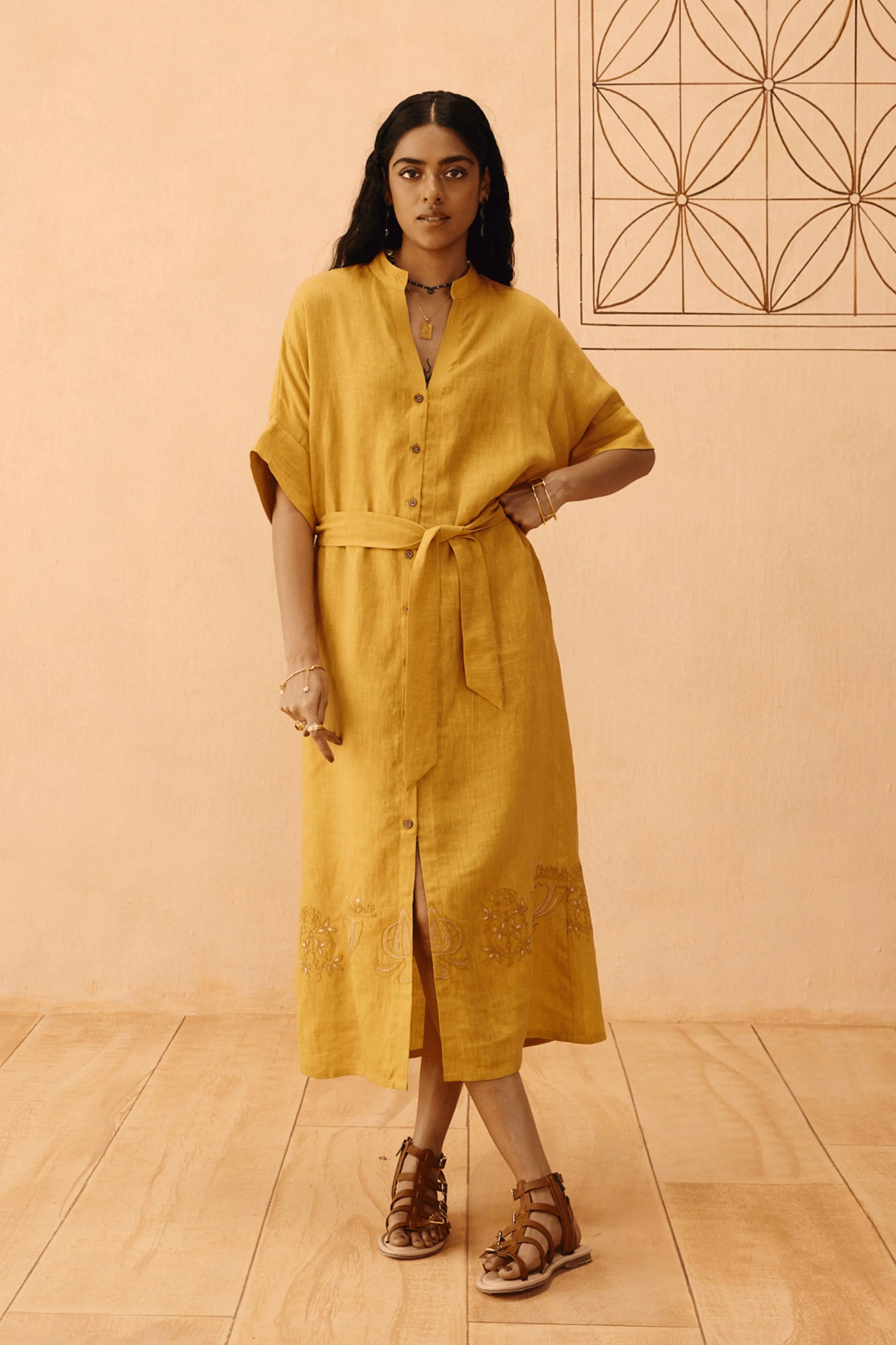 Golden Palm Linen Maxi Dress