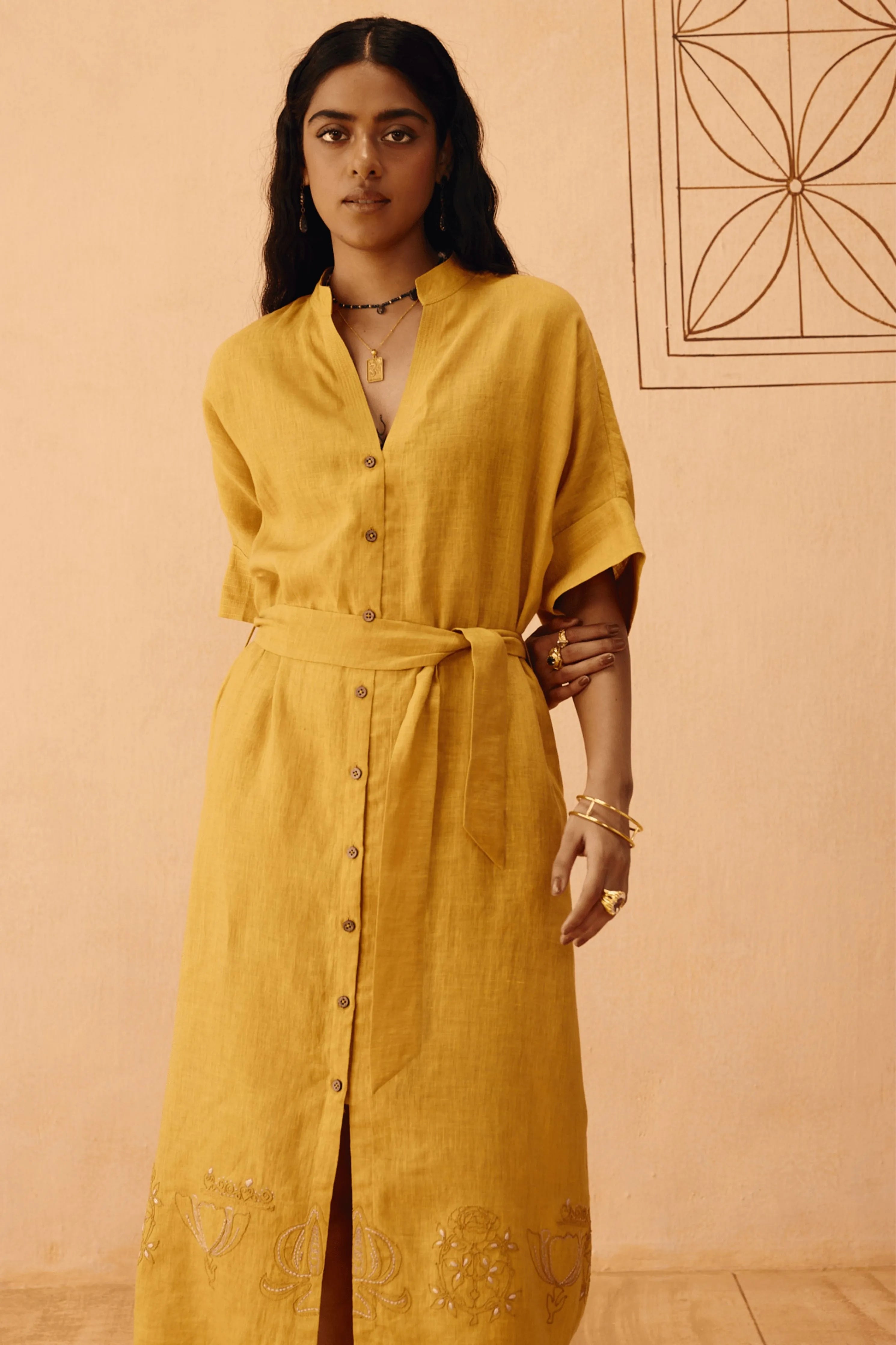 Golden Palm Linen Maxi Dress