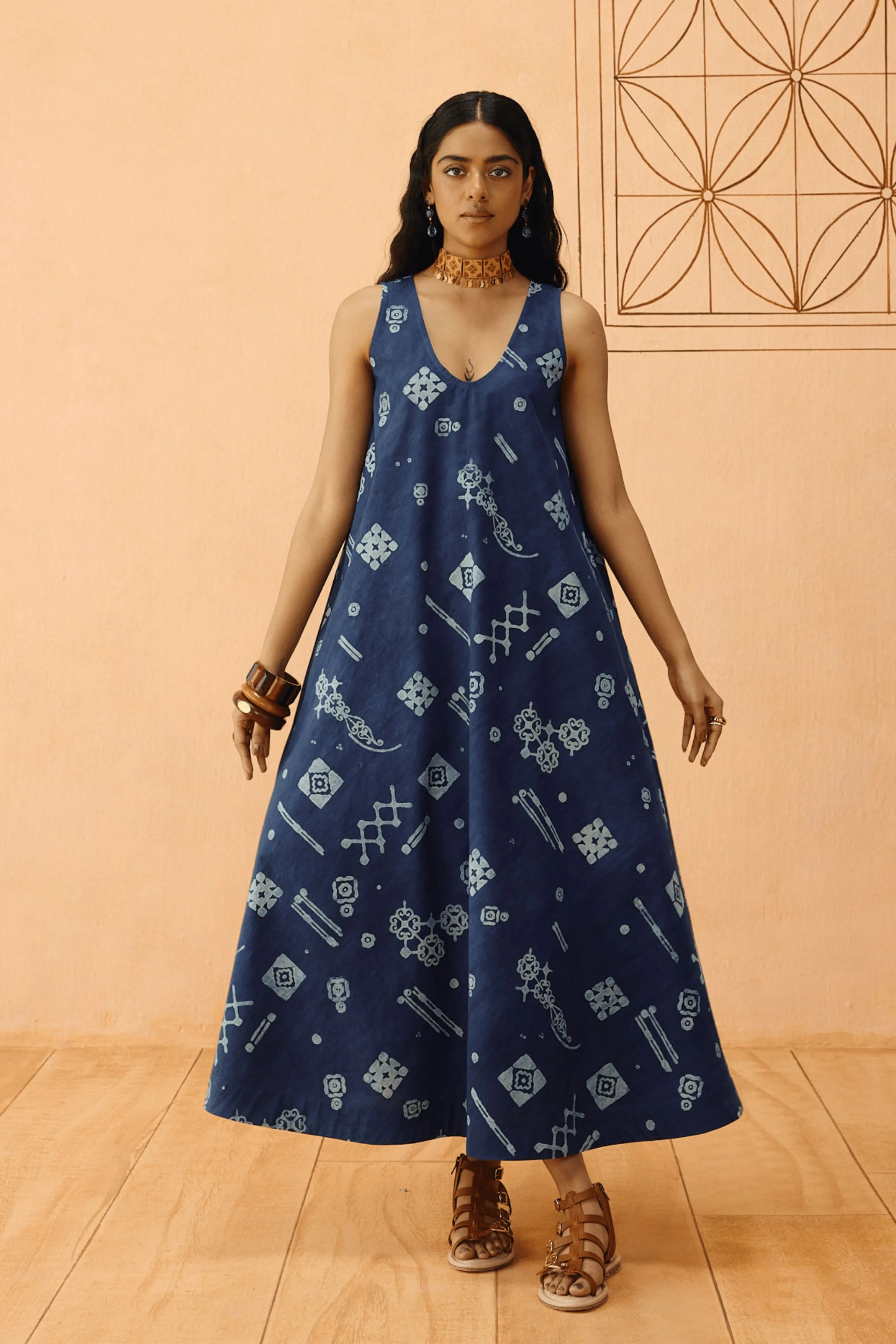 Indigo Ornament Organic Cotton Maxi Dress