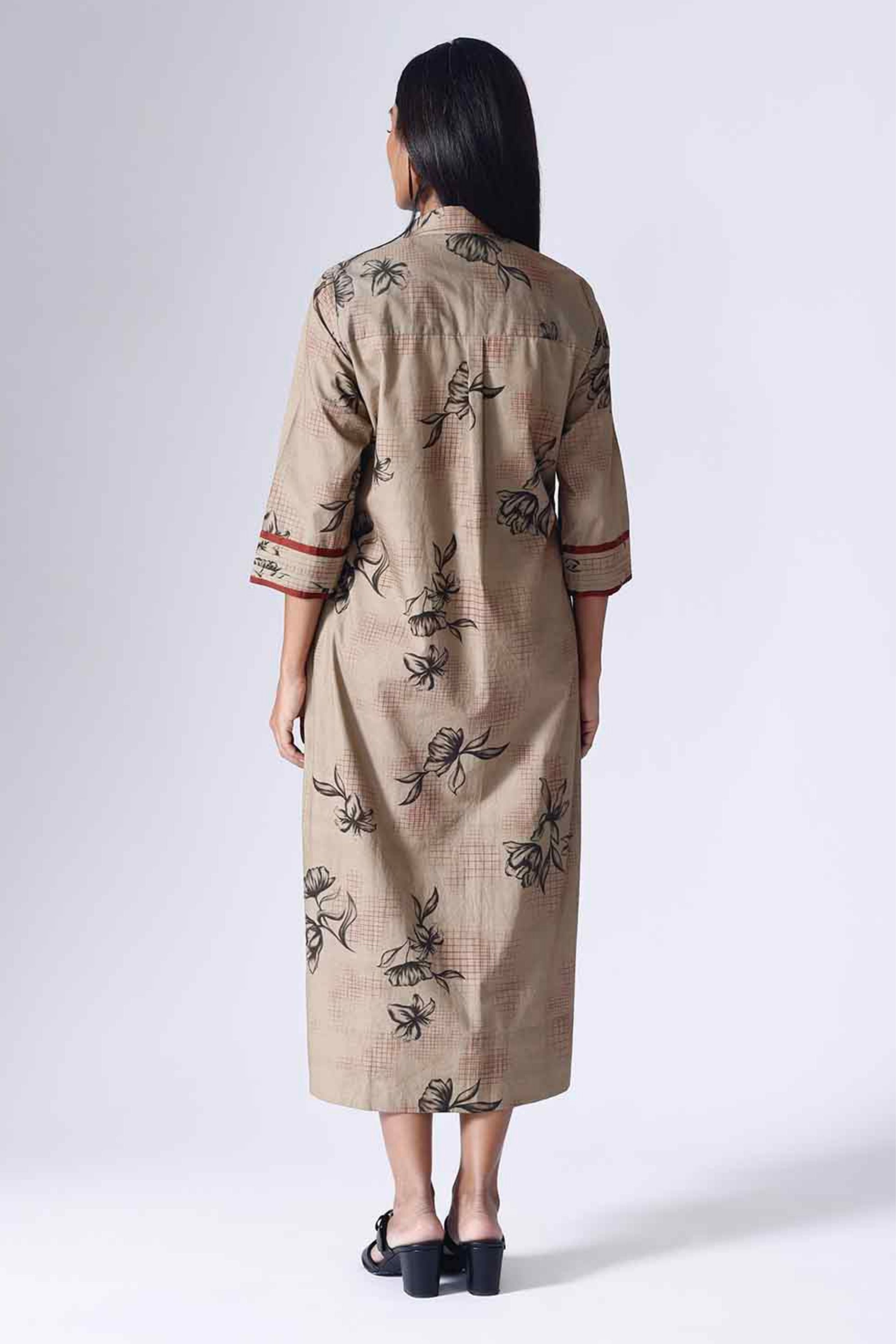 Floral Grid Beige Long Dress
