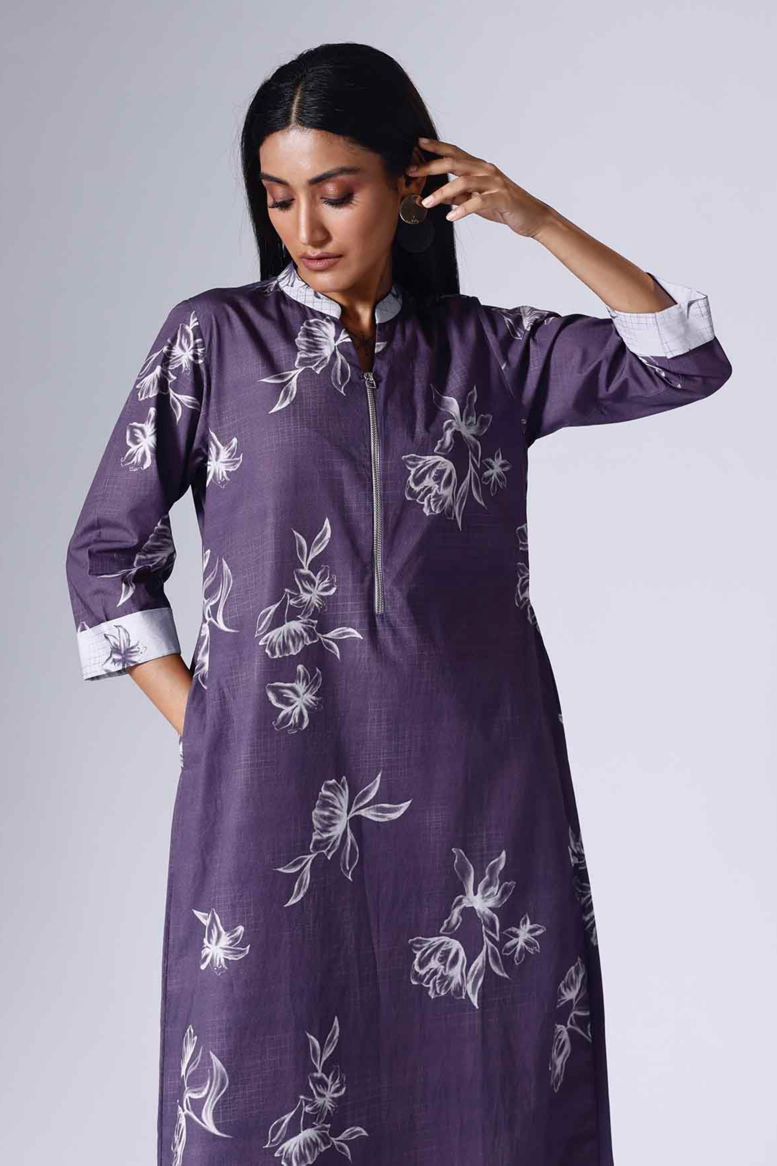 Floral Grid Purle Long Dress