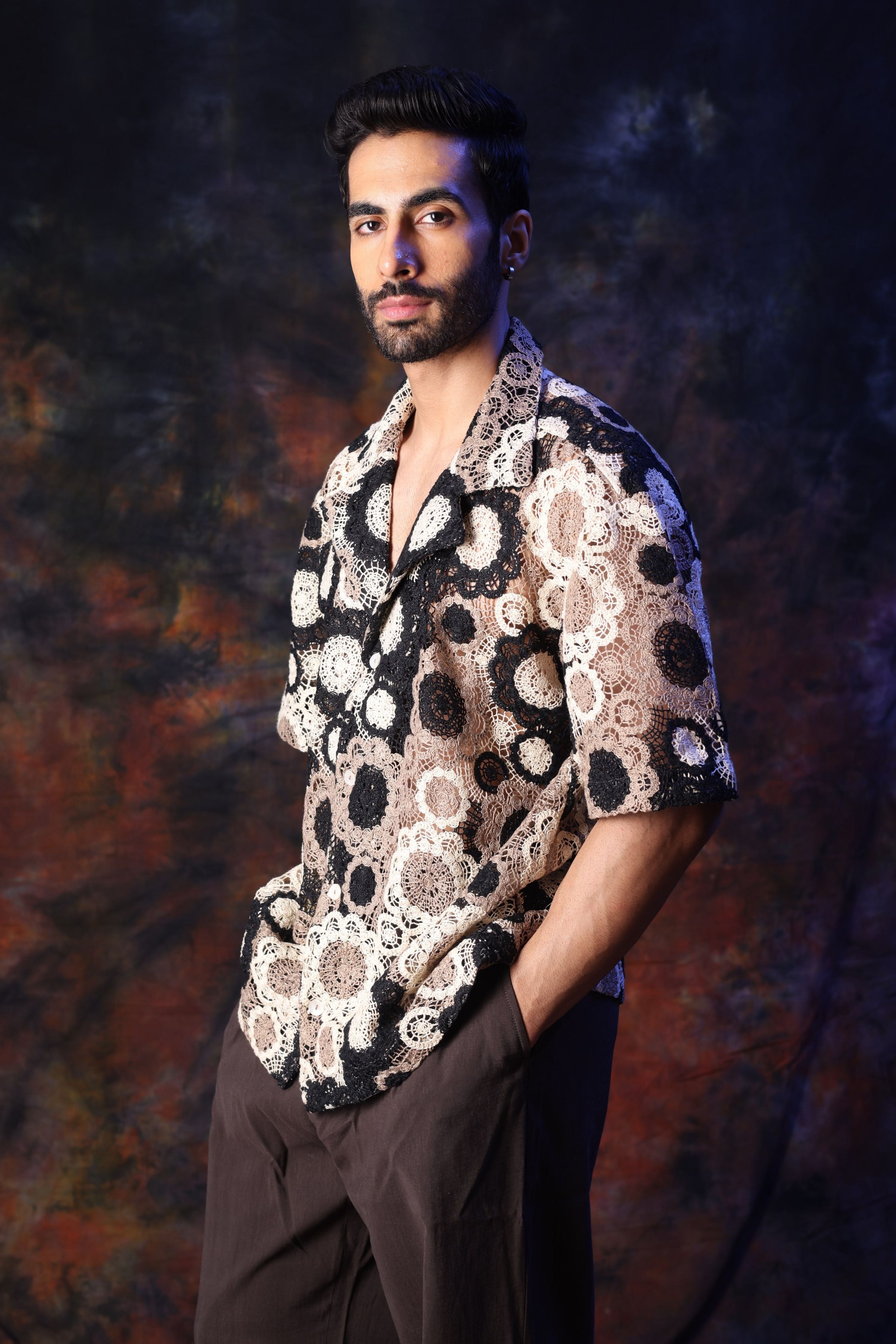 Black, Cream Crochet Shirt