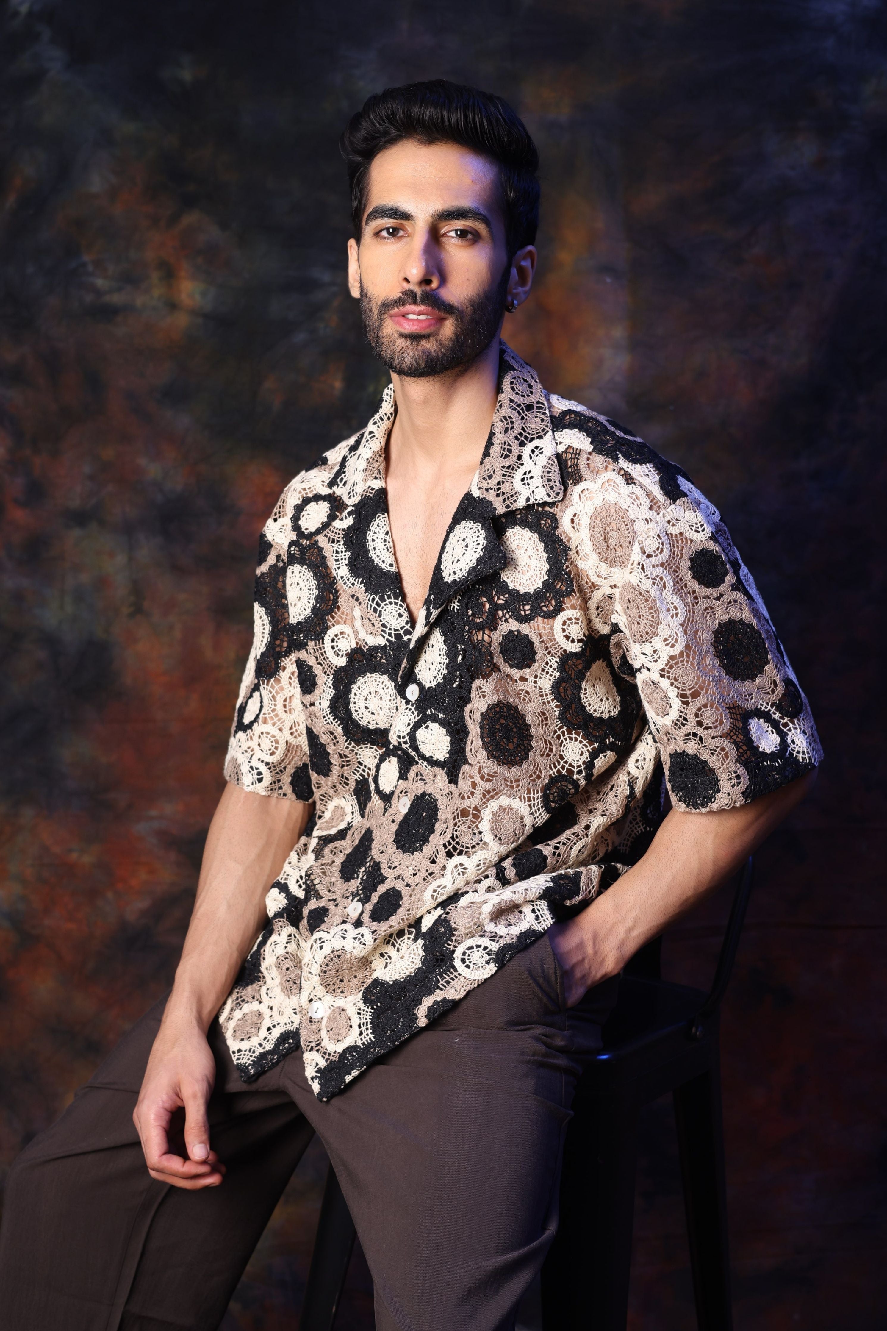 Black, Cream Crochet Shirt