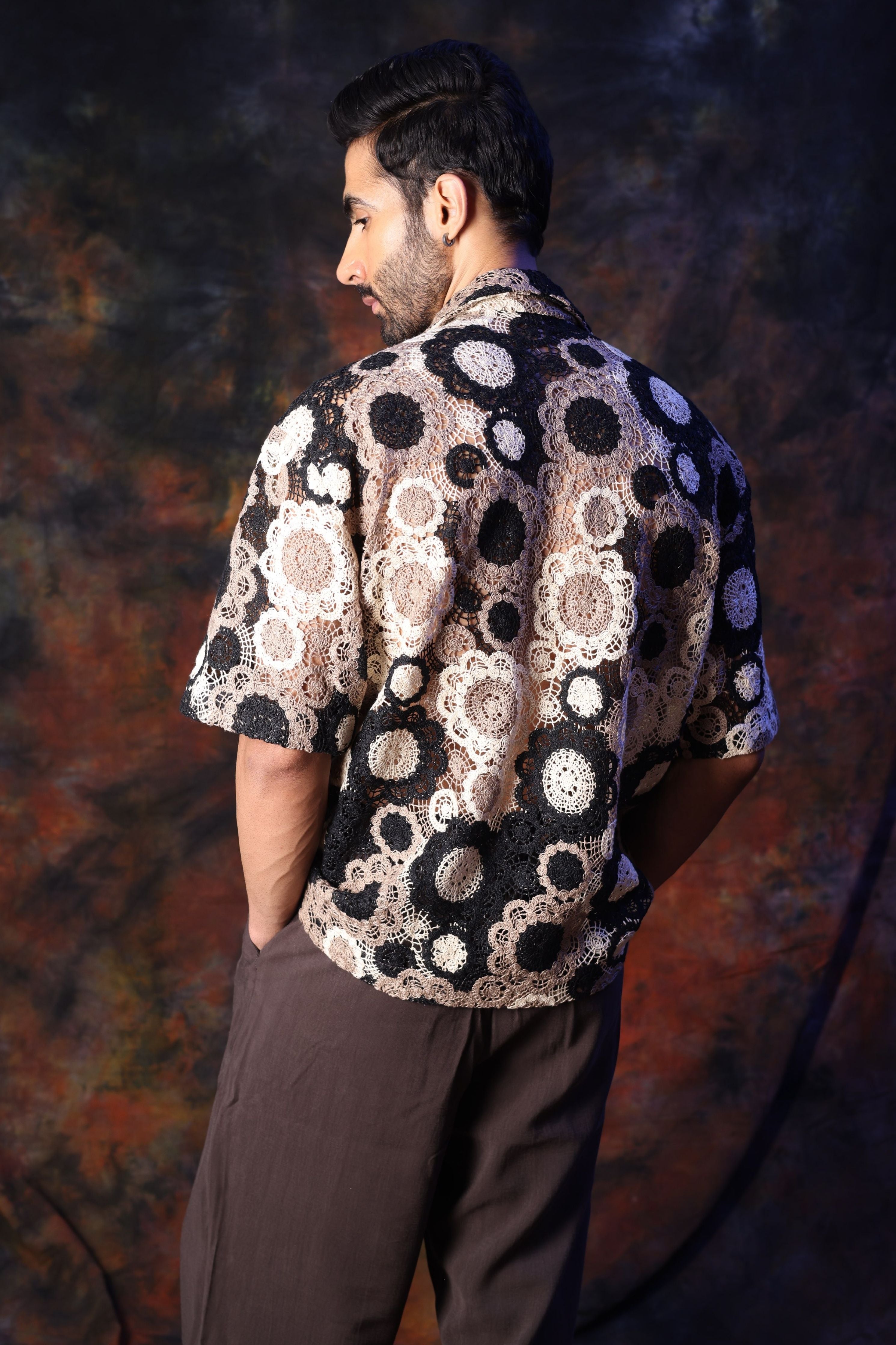 Black, Cream Crochet Shirt