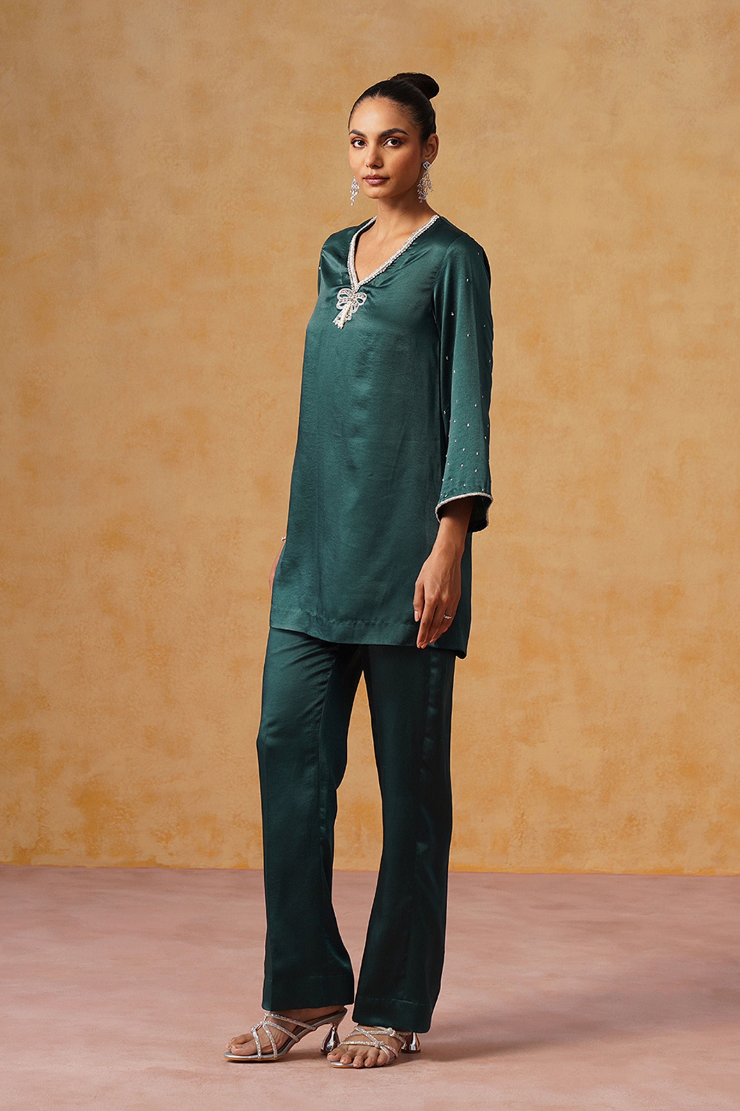 Alya Bottle Green Suit Set