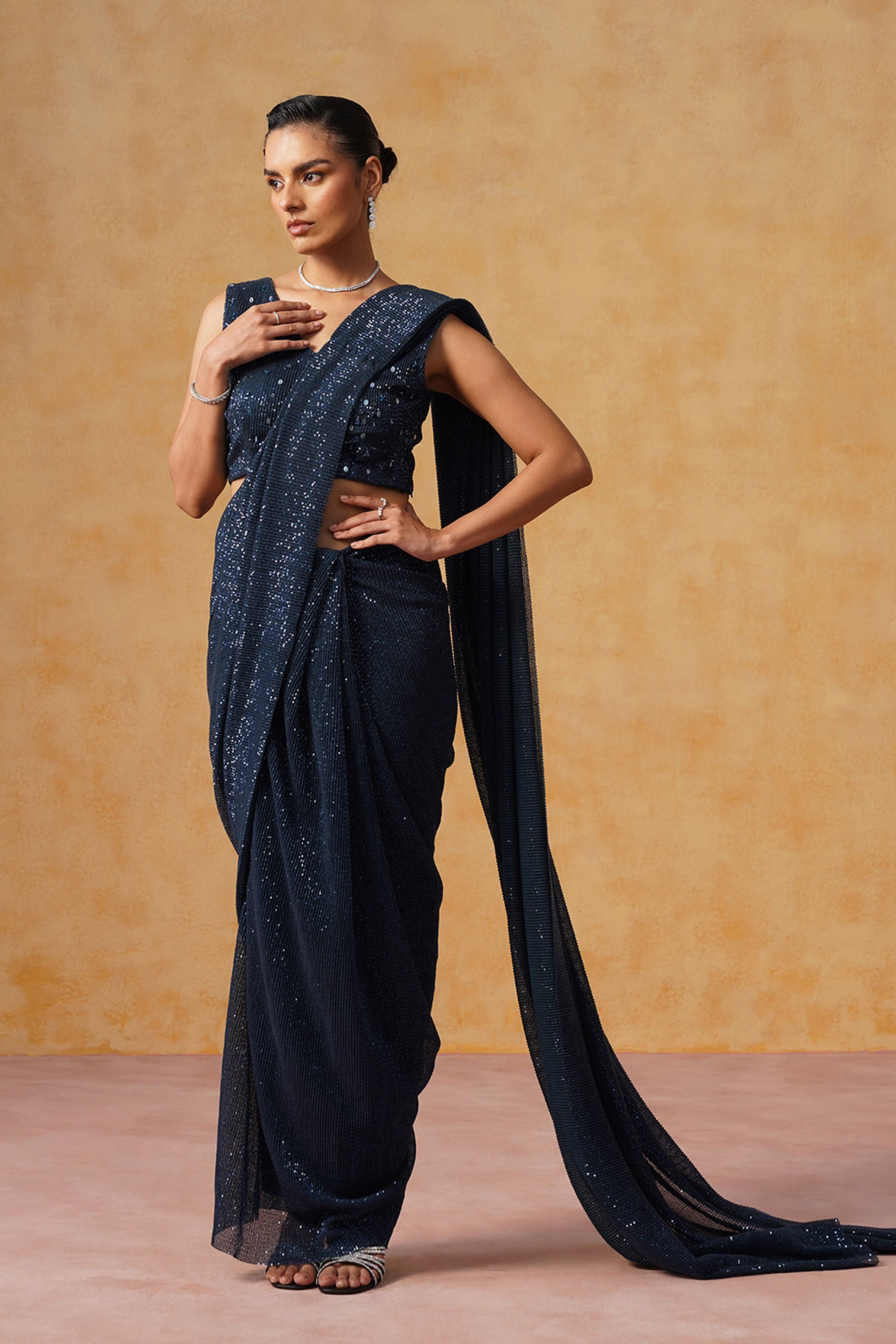 Inaya Midnight Blue Sequin Pre-Stitched Saree