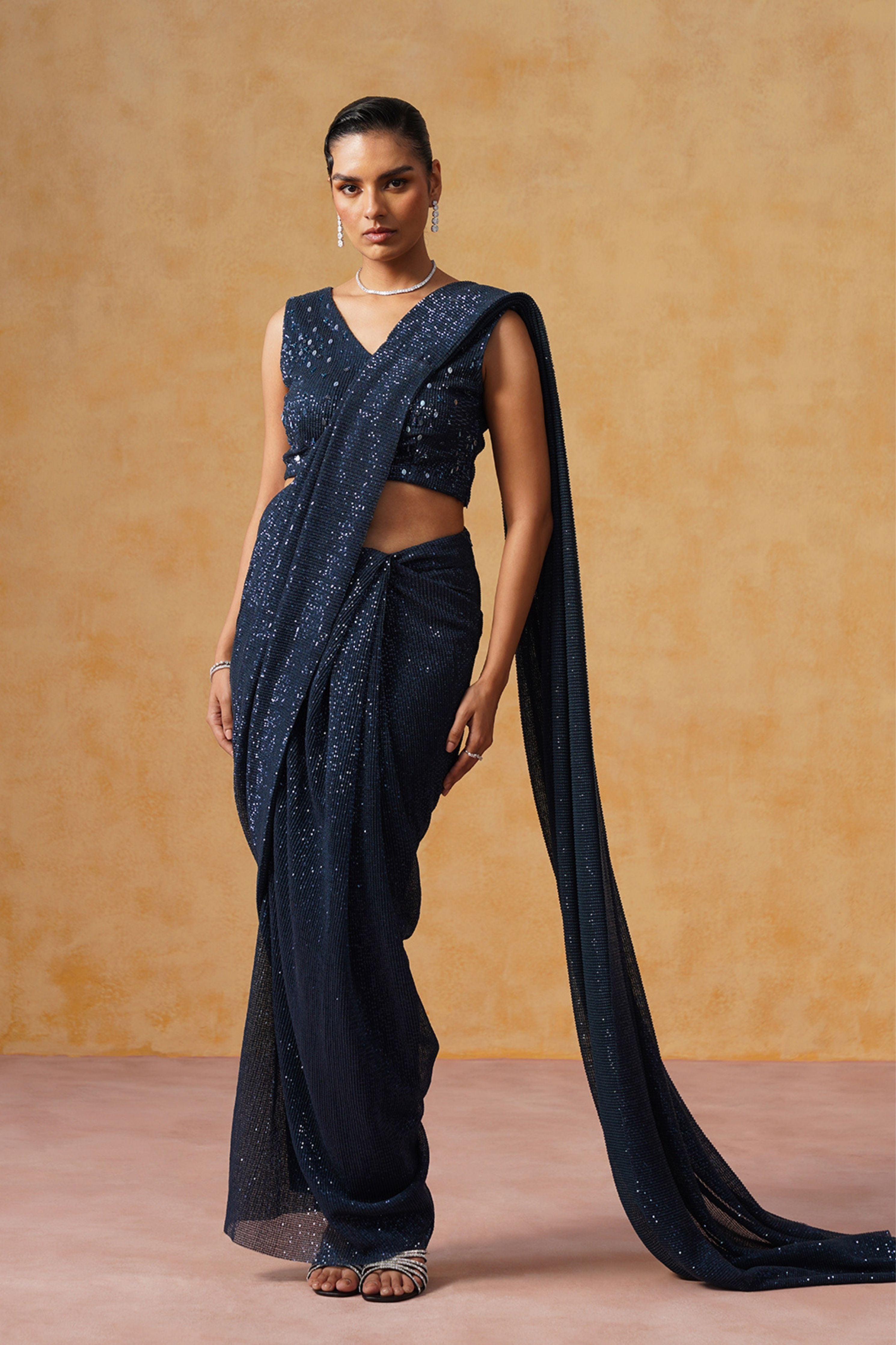 Inaya Midnight Blue Sequin Pre-Stitched Saree