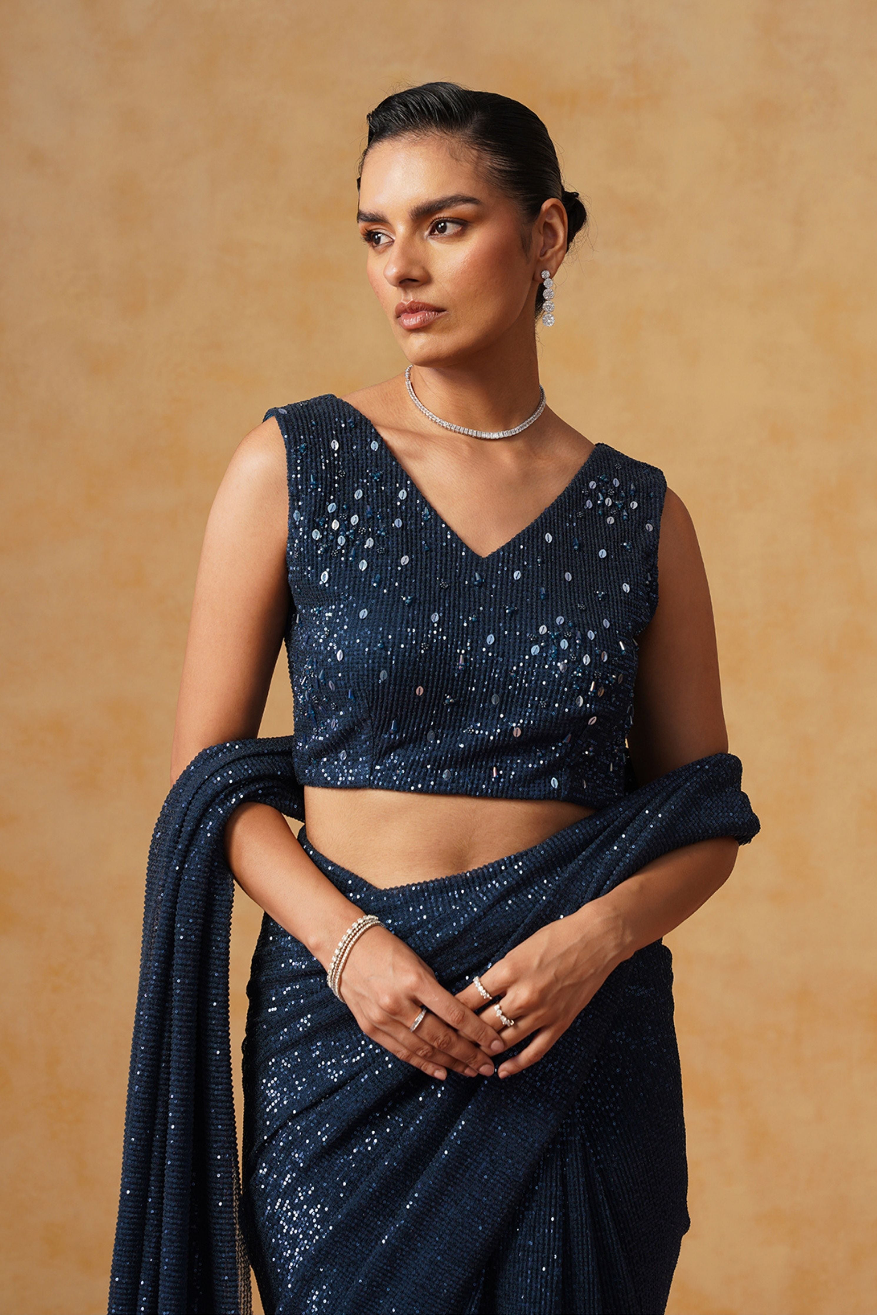 Inaya Midnight Blue Sequin Pre-Stitched Saree