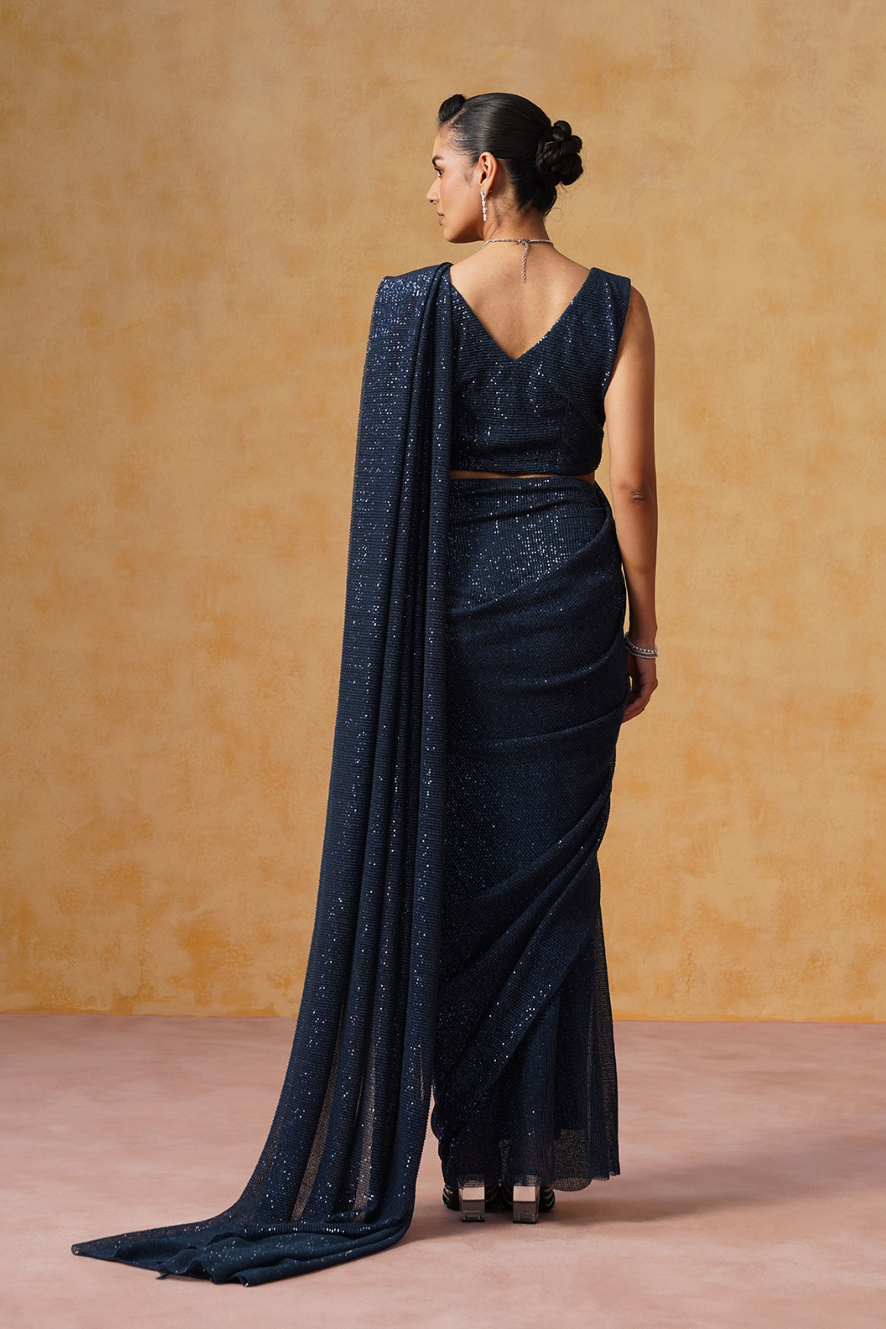 Inaya Midnight Blue Sequin Pre-Stitched Saree