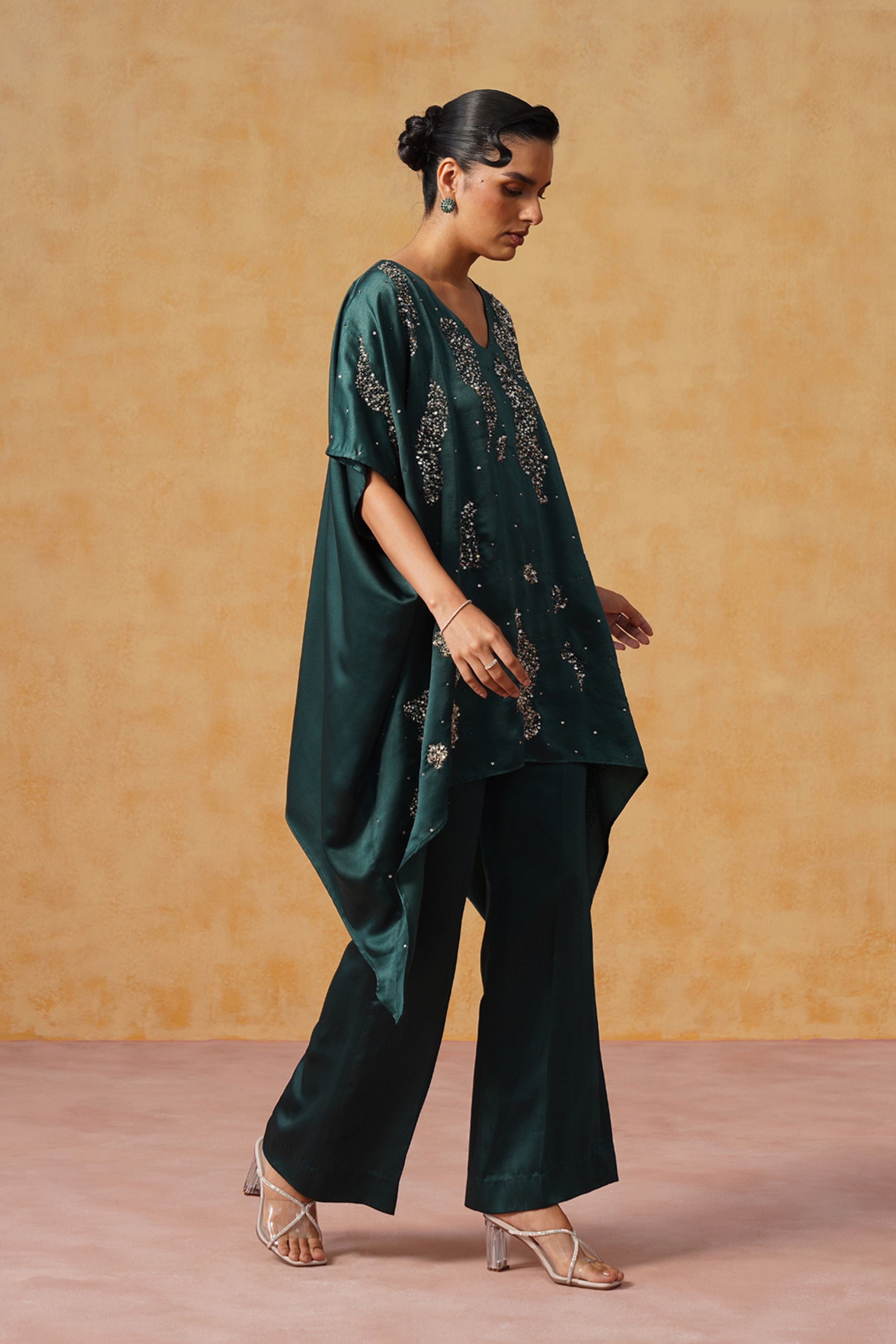 Tara Bottle Green Kaftan Co-ord Set