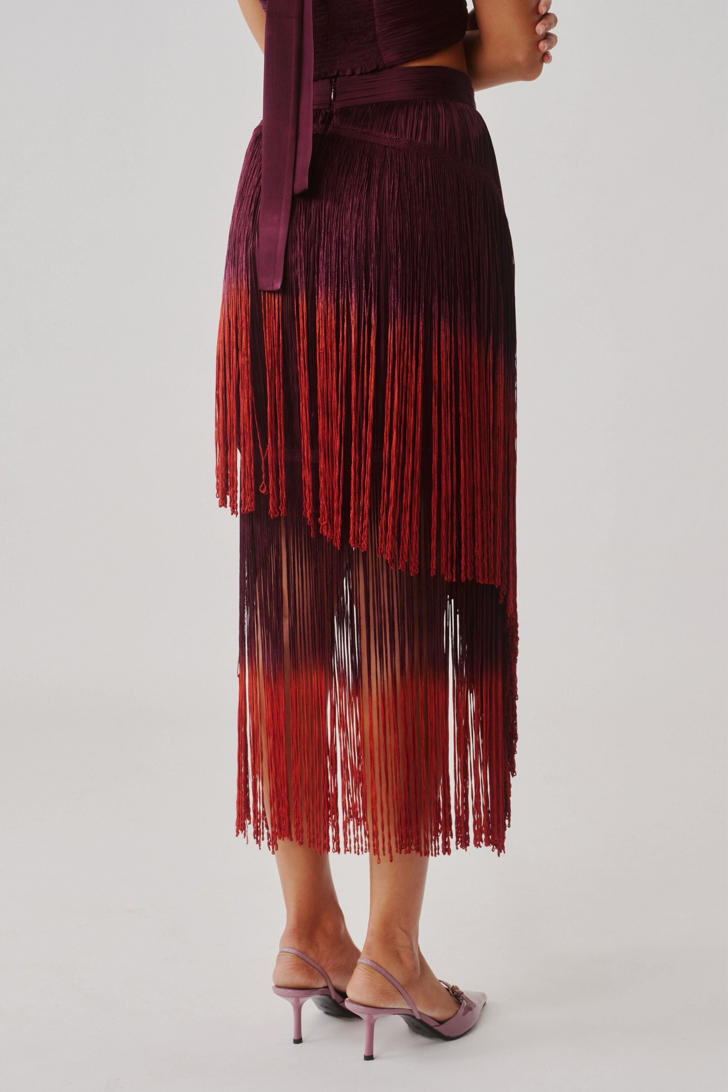 Burnt Wine Fringe Skirt